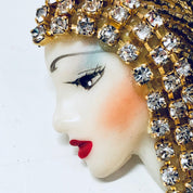 Vintage Brooch, Vintage Jewelry, Face Brooch, Flapper Jewelry, Beaded Pin, Vintage Pin, Yellow Beads, Rhinestones, Lipstick, blue, red