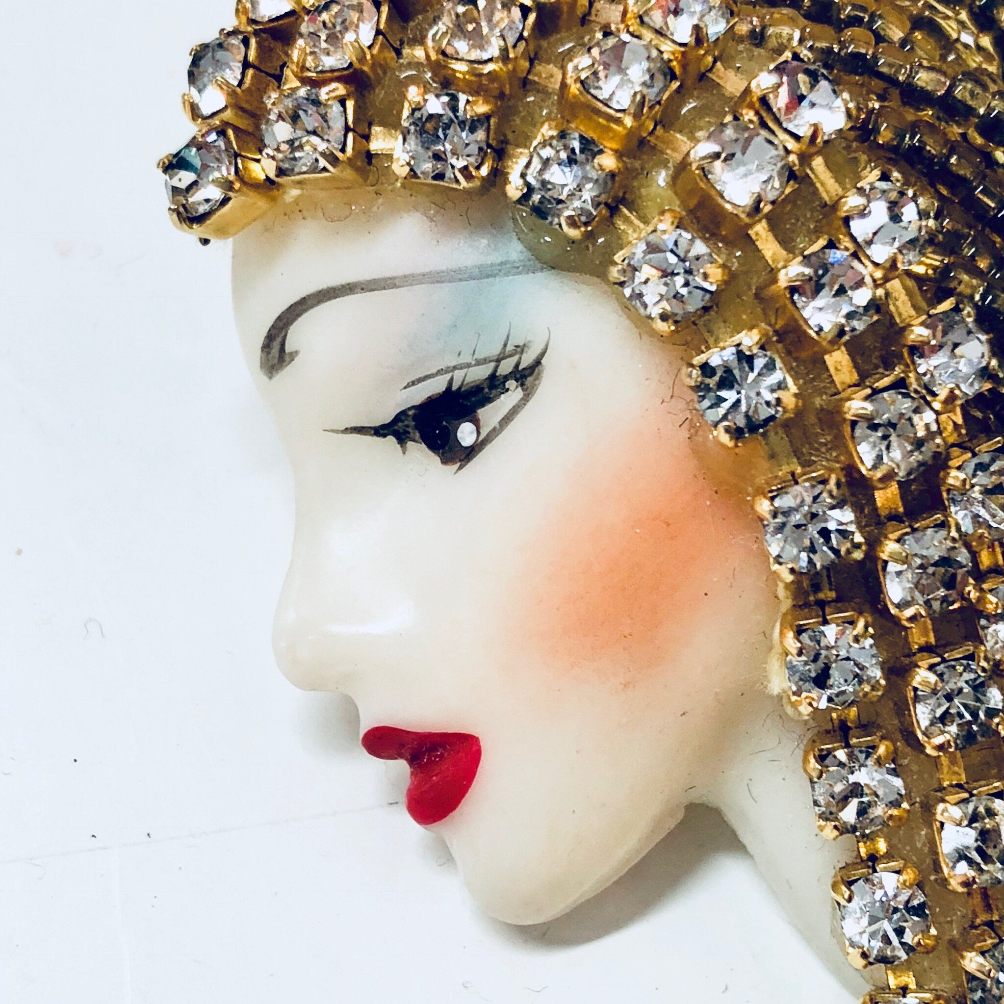Vintage Brooch, Vintage Jewelry, Face Brooch, Flapper Jewelry, Beaded Pin, Vintage Pin, Yellow Beads, Rhinestones, Lipstick, blue, red