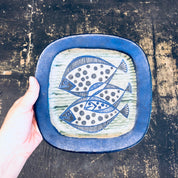 Vintage Dish, Vintage Pottery, Denmark Pottery, Stoneware, Fish Dish, Aquatic Dish, Three Fish, Blue, Grey, Green, Decorative Dish, Tray