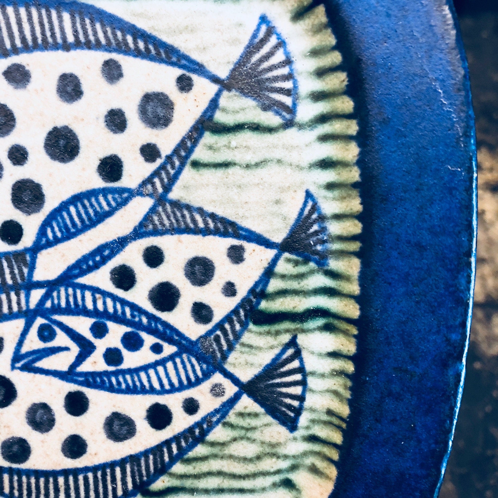 Vintage Dish, Vintage Pottery, Denmark Pottery, Stoneware, Fish Dish, Aquatic Dish, Three Fish, Blue, Grey, Green, Decorative Dish, Tray