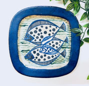 Vintage Dish, Vintage Pottery, Denmark Pottery, Stoneware, Fish Dish, Aquatic Dish, Three Fish, Blue, Grey, Green, Decorative Dish, Tray