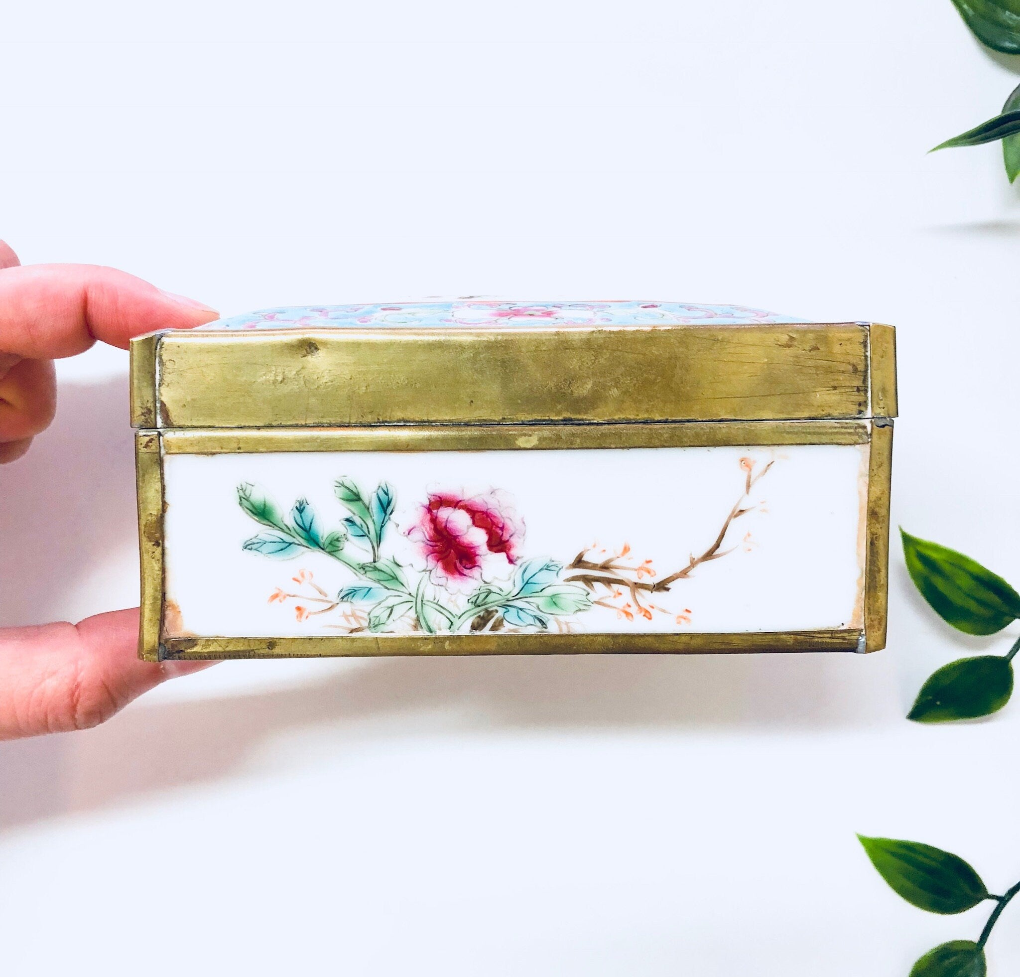 Vintage Jewelry Box, Ceramic Jewelry Box, Brass Box, Painted Box, Flowers, Floral Design, Pink, Blue, Green, Gold, Orange, Chinese Art