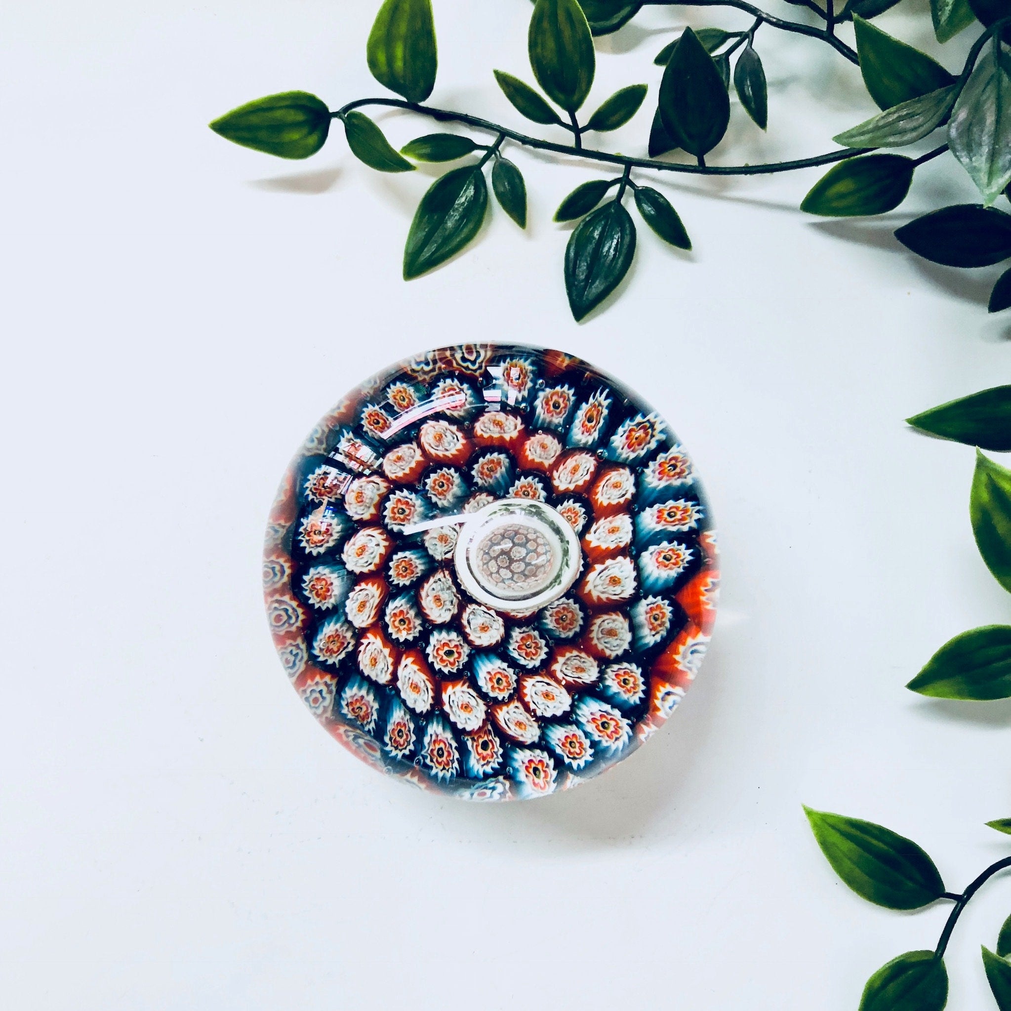 Vintage Paperweight, Millefiori Paperweight, Glass Paperweight, Millefiori, Office Supply, Office Decor, Vintage Home Decor, Blue, Red White