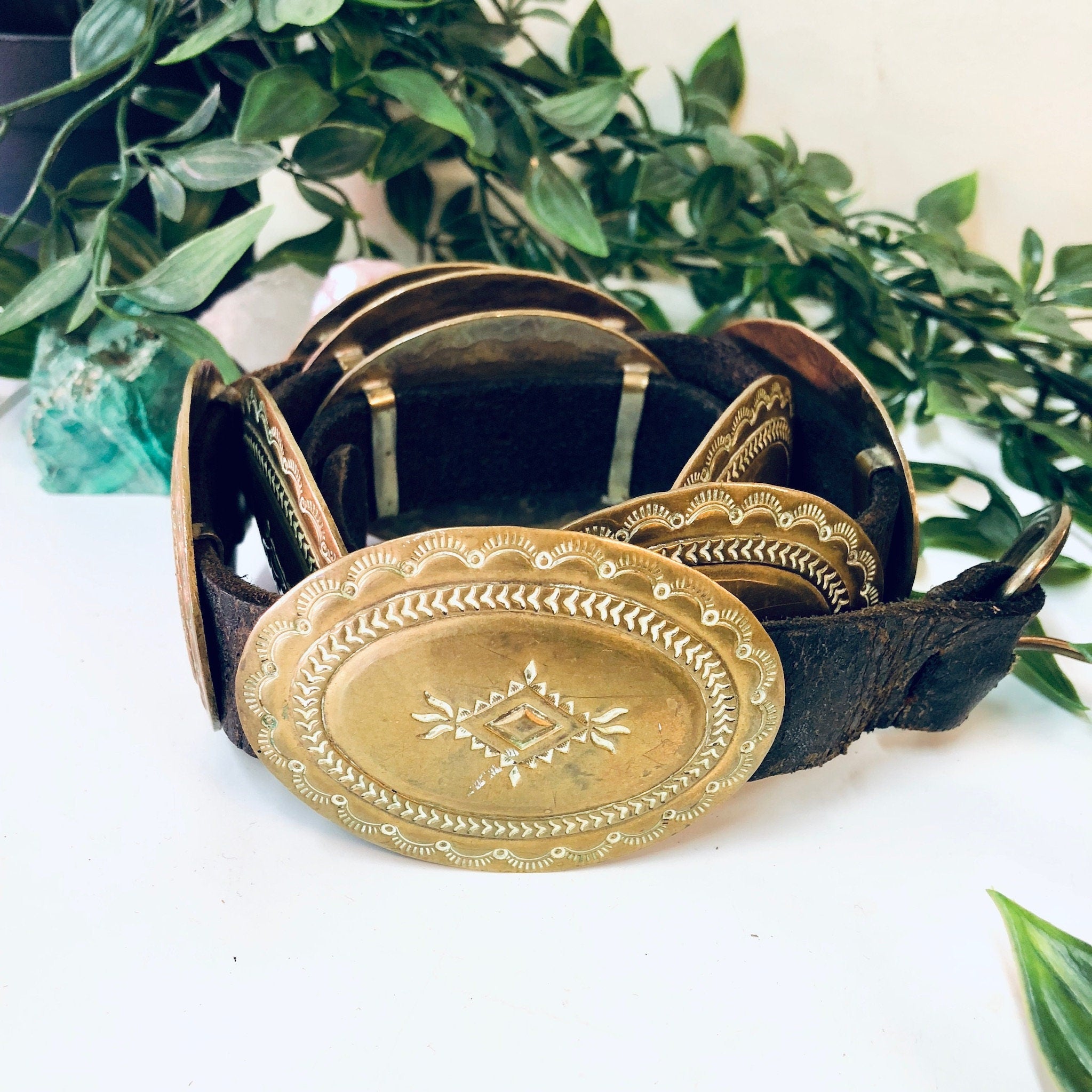 Vintage Belt, Skinny Concho Belt, Brass Concho Belt, High Waisted Belt, Southwestern, Hippie, Bohemian Style, Brown Leather, Leather Belt,