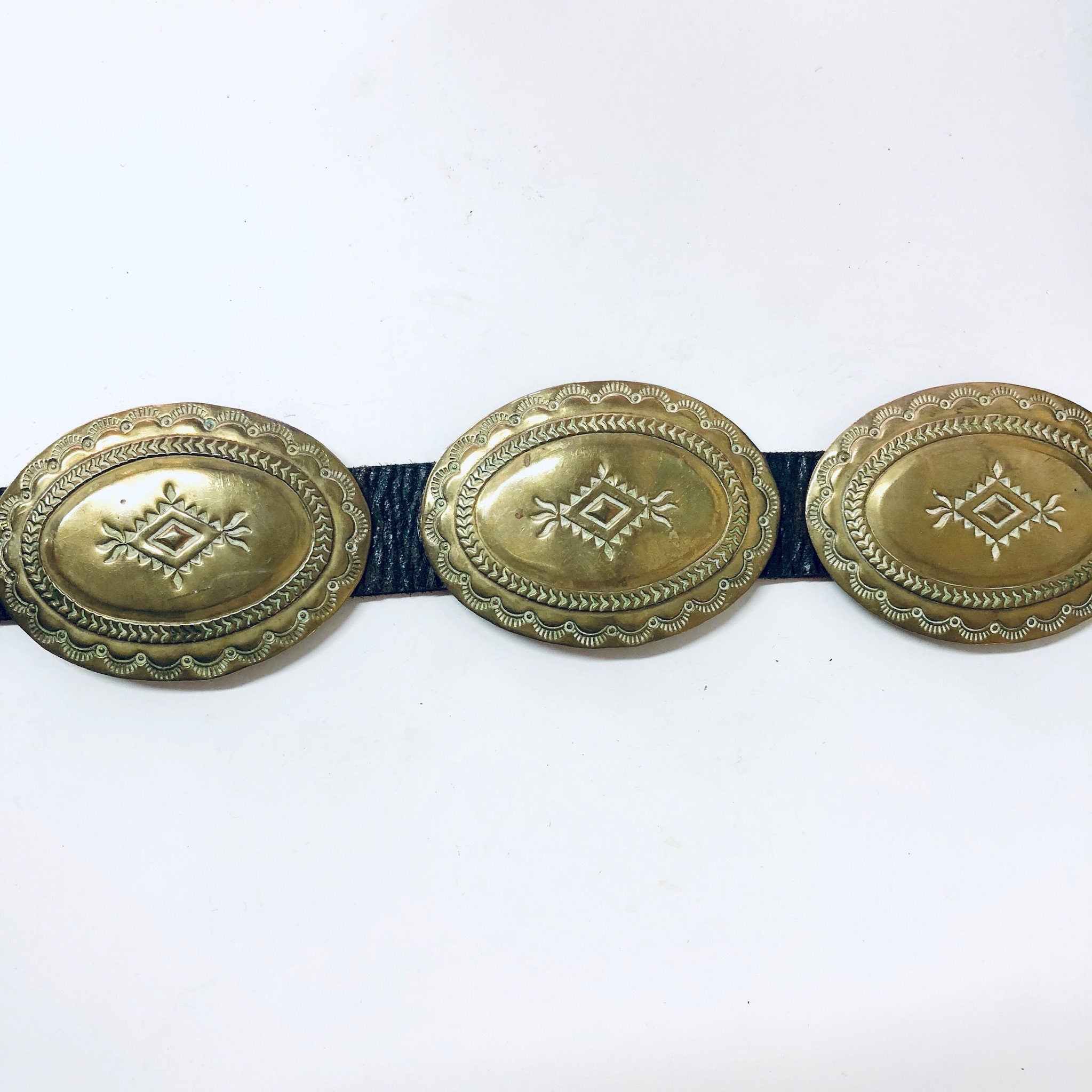 Vintage Belt, Skinny Concho Belt, Brass Concho Belt, High Waisted Belt, Southwestern, Hippie, Bohemian Style, Brown Leather, Leather Belt,
