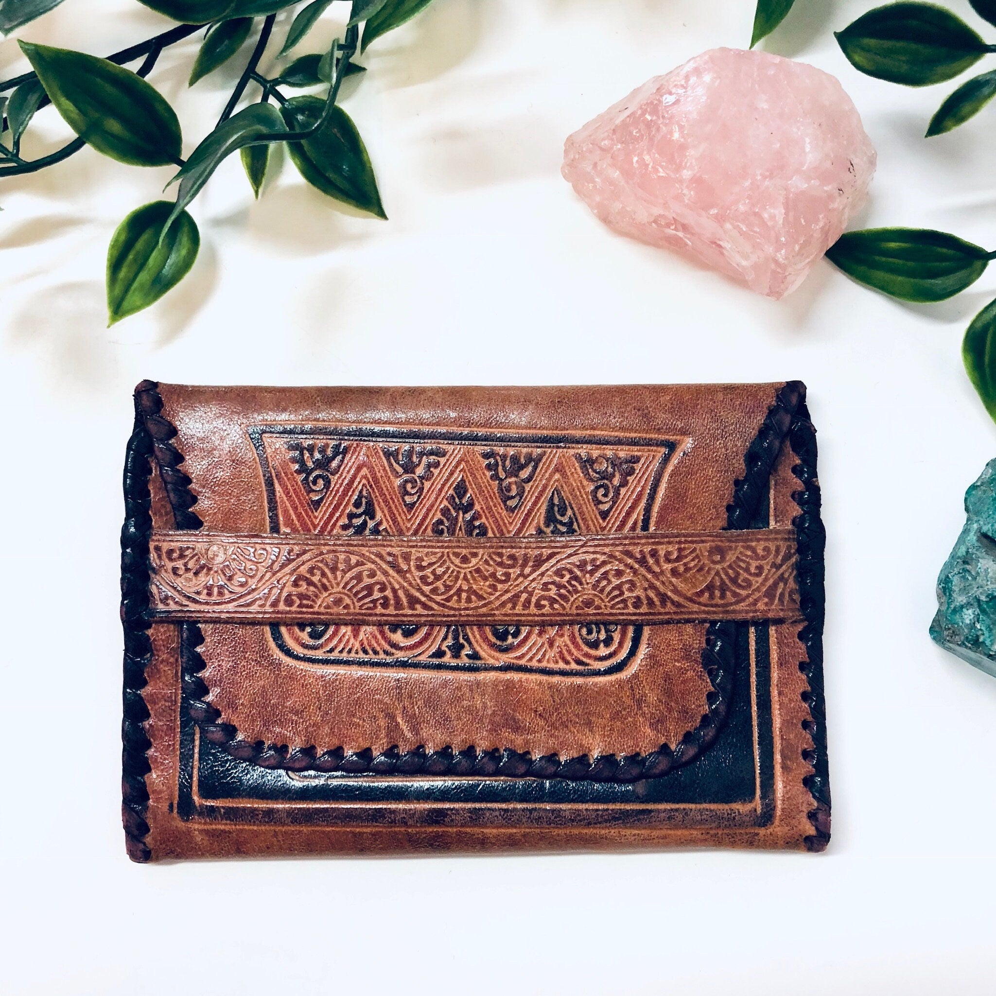 Vintage Wallet, Leather Wallet, Fold Over Wallet, Soft Leather, Brown, Black, Tooled Leather, Tri Fold Wallet, Unique Design, Light Brown
