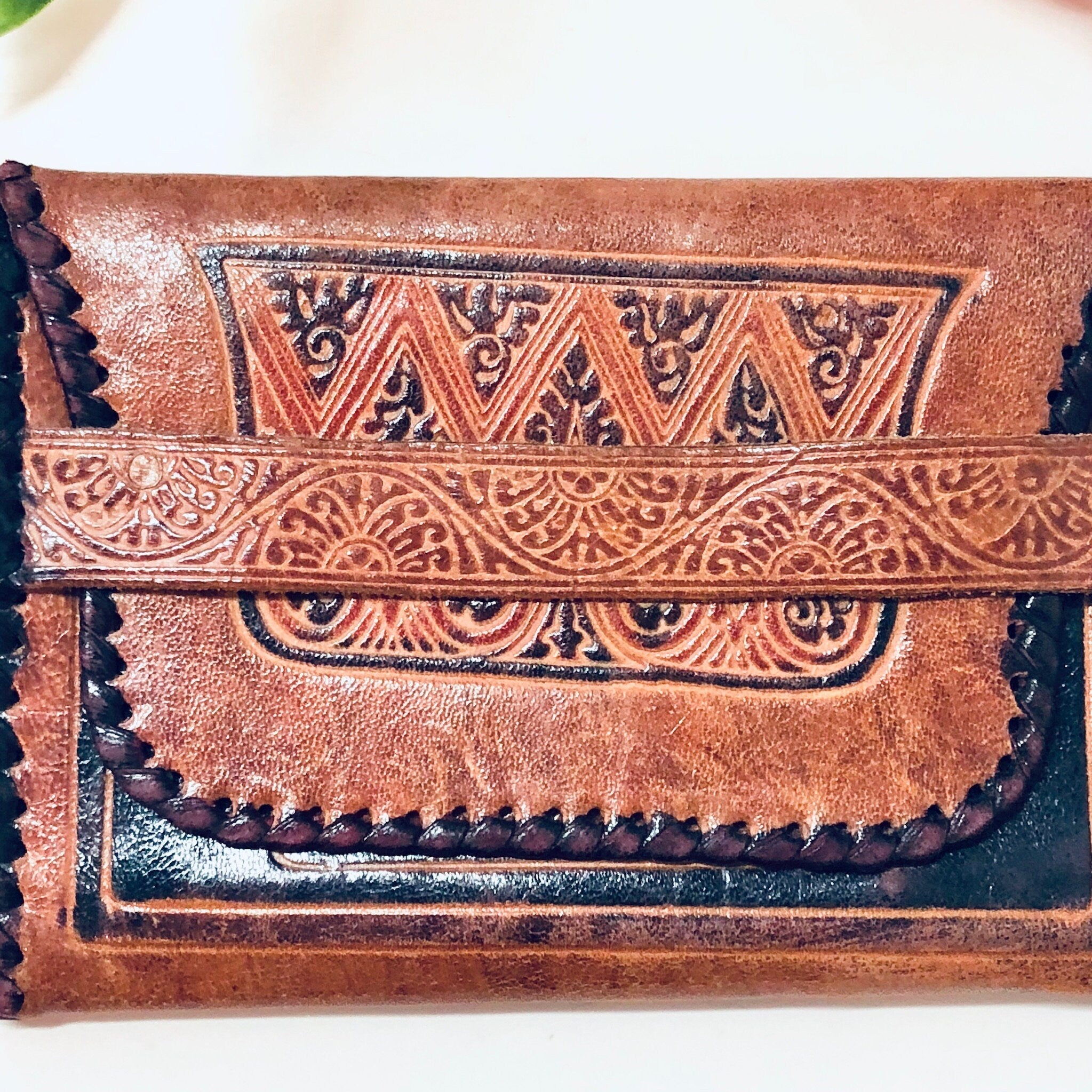 Vintage Wallet, Leather Wallet, Fold Over Wallet, Soft Leather, Brown, Black, Tooled Leather, Tri Fold Wallet, Unique Design, Light Brown