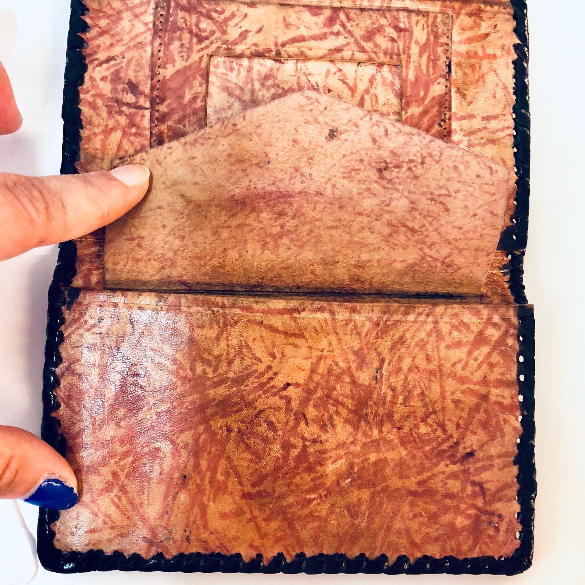 Vintage Wallet, Leather Wallet, Fold Over Wallet, Soft Leather, Brown, Black, Tooled Leather, Tri Fold Wallet, Unique Design, Light Brown