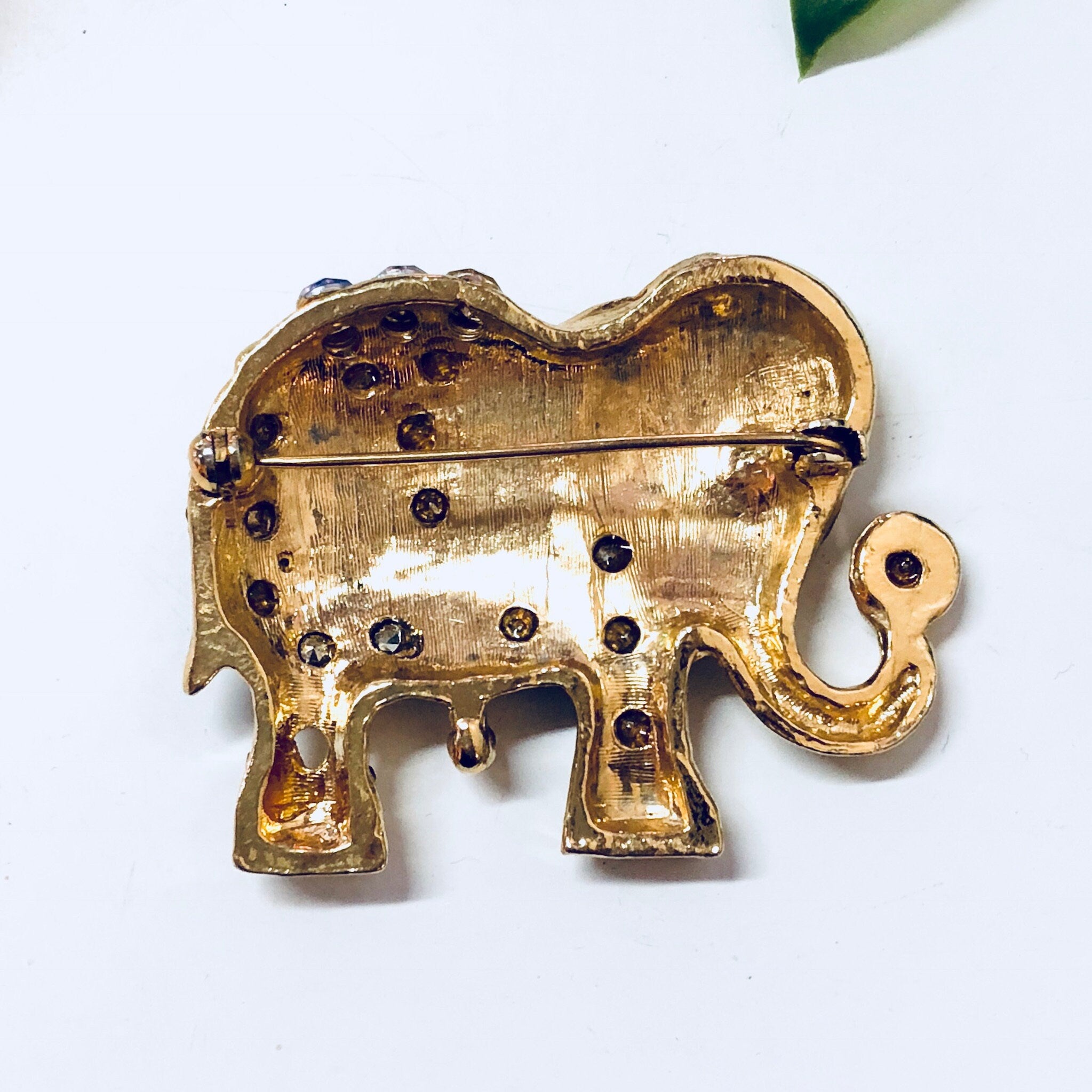 Vintage Brooch, Elephant Brooch, Rhinestone Pin, Vintage Jewelry, Gold Toned Brooch, Costume Jewelry, Animal Jewelry, Elephants, Gold, Blue