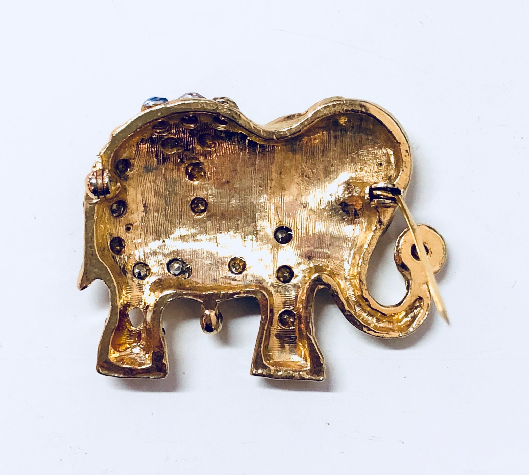 Vintage Brooch, Elephant Brooch, Rhinestone Pin, Vintage Jewelry, Gold Toned Brooch, Costume Jewelry, Animal Jewelry, Elephants, Gold, Blue