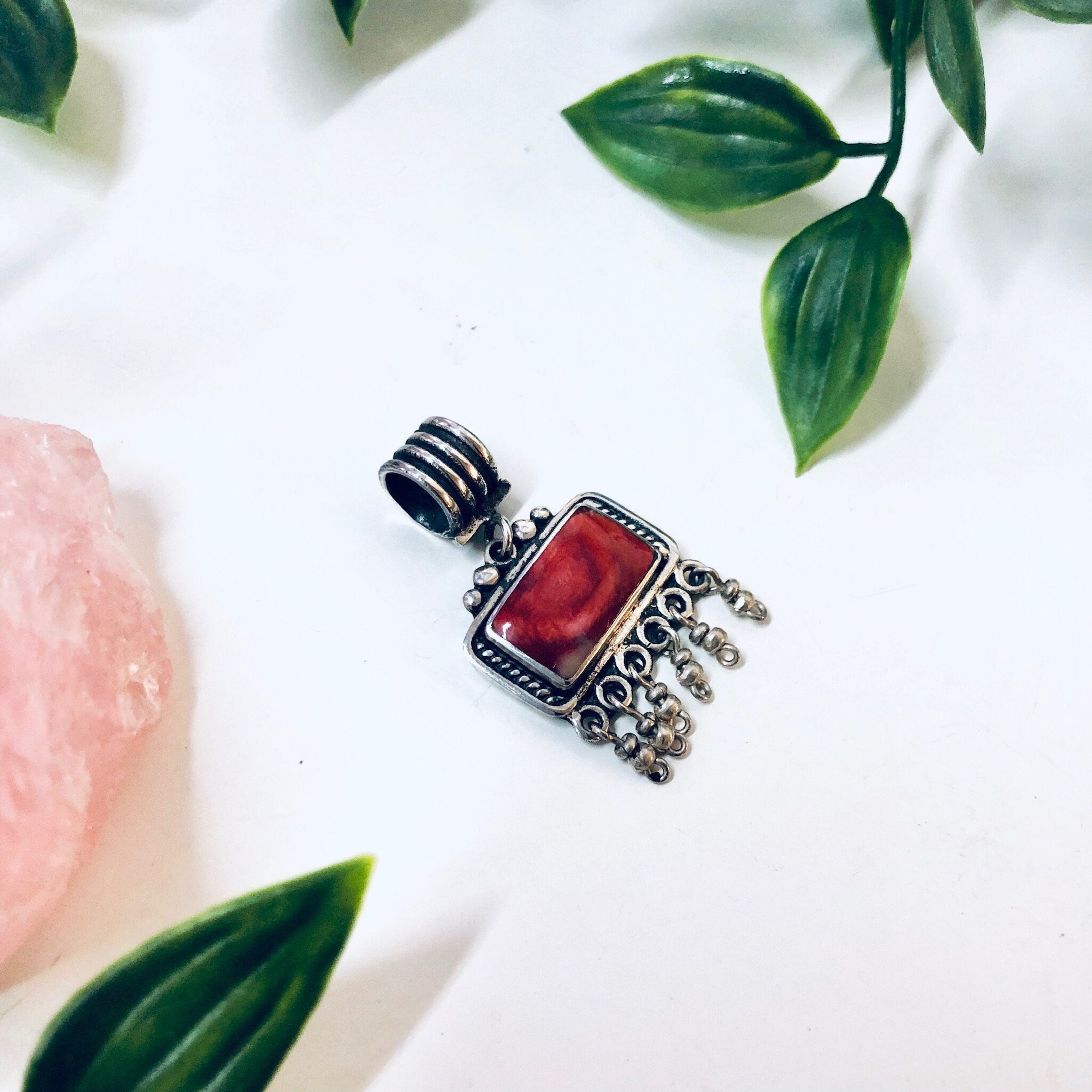 Vintage Silver Pendant, Vintage Necklace, Red Natural Stone, Red Marble Stone, Dangle Pendant, Red Jewelry