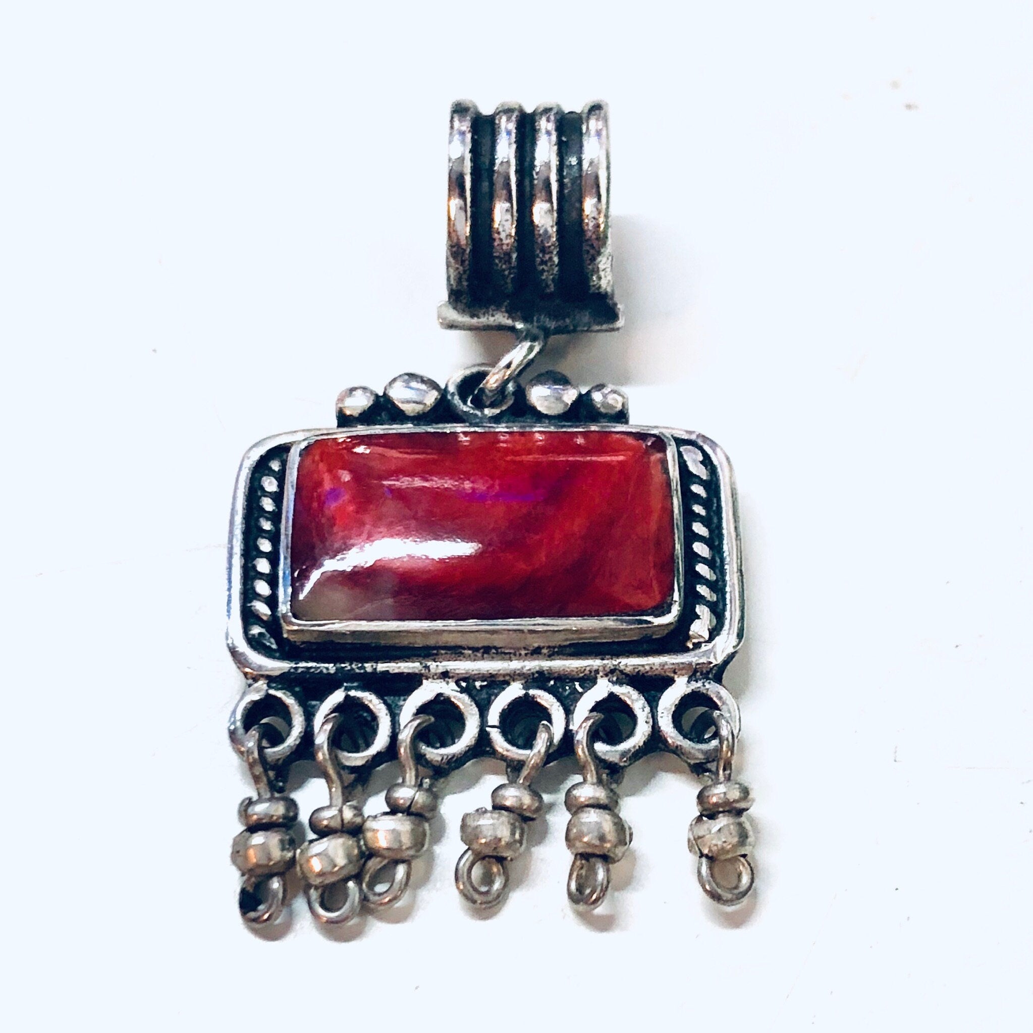 Vintage Silver Pendant, Vintage Necklace, Red Natural Stone, Red Marble Stone, Dangle Pendant, Red Jewelry
