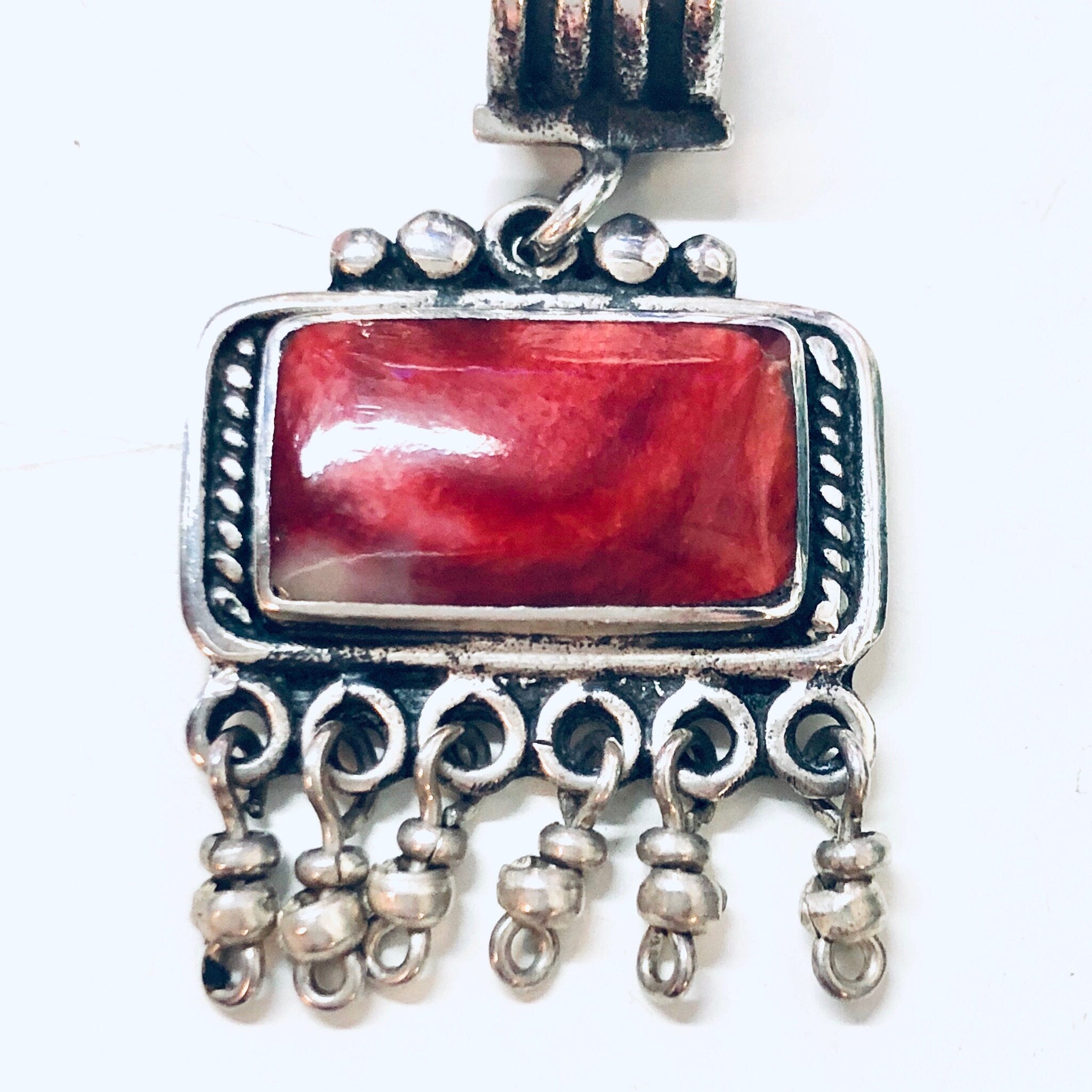 Vintage Silver Pendant, Vintage Necklace, Red Natural Stone, Red Marble Stone, Dangle Pendant, Red Jewelry