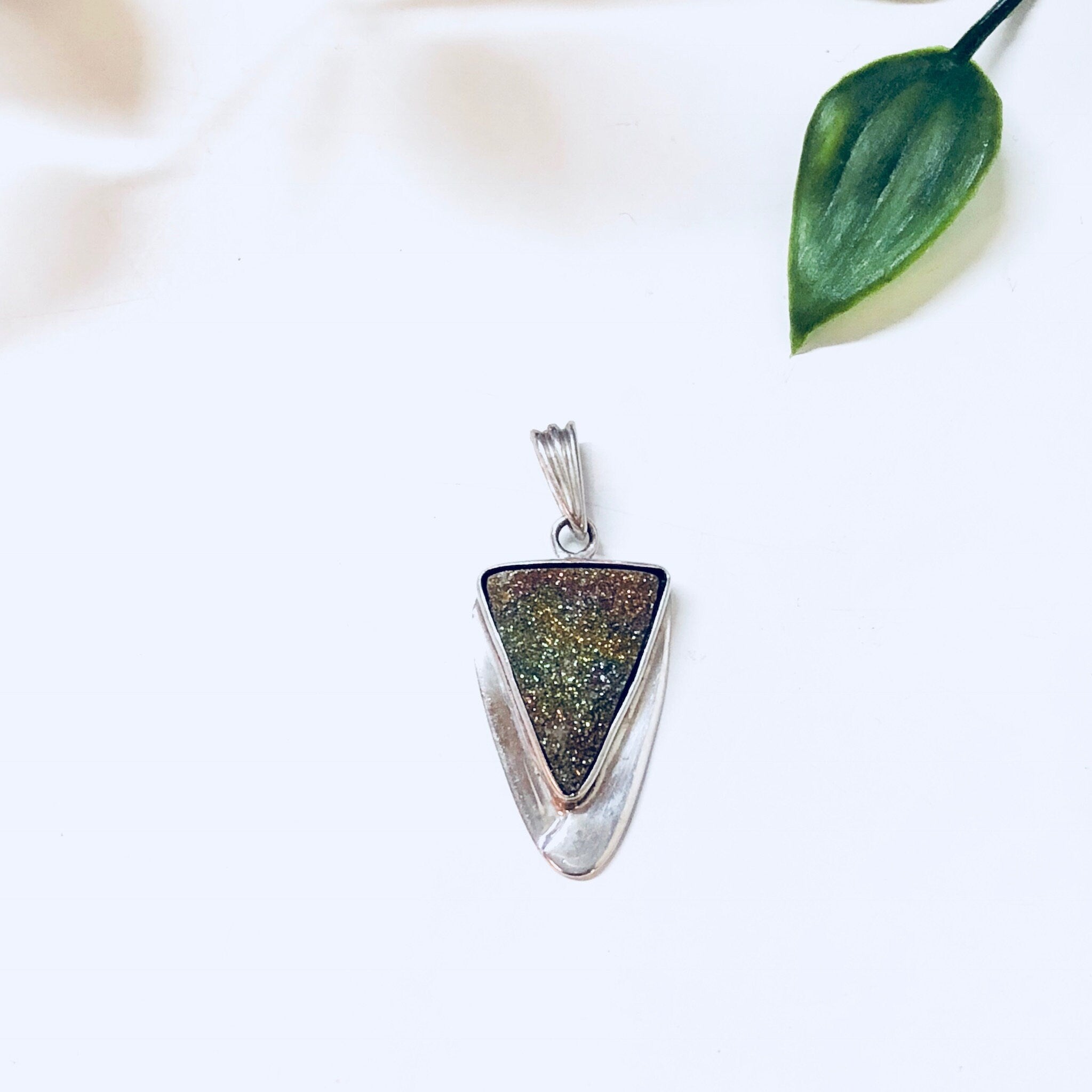 Vintage Pendant, Druzy Quartz, Triangle Pendant, Vintage Necklace, Vintage Jewelry, Sterling Silver, 925, Silver Pendant, Green, Orange Pink