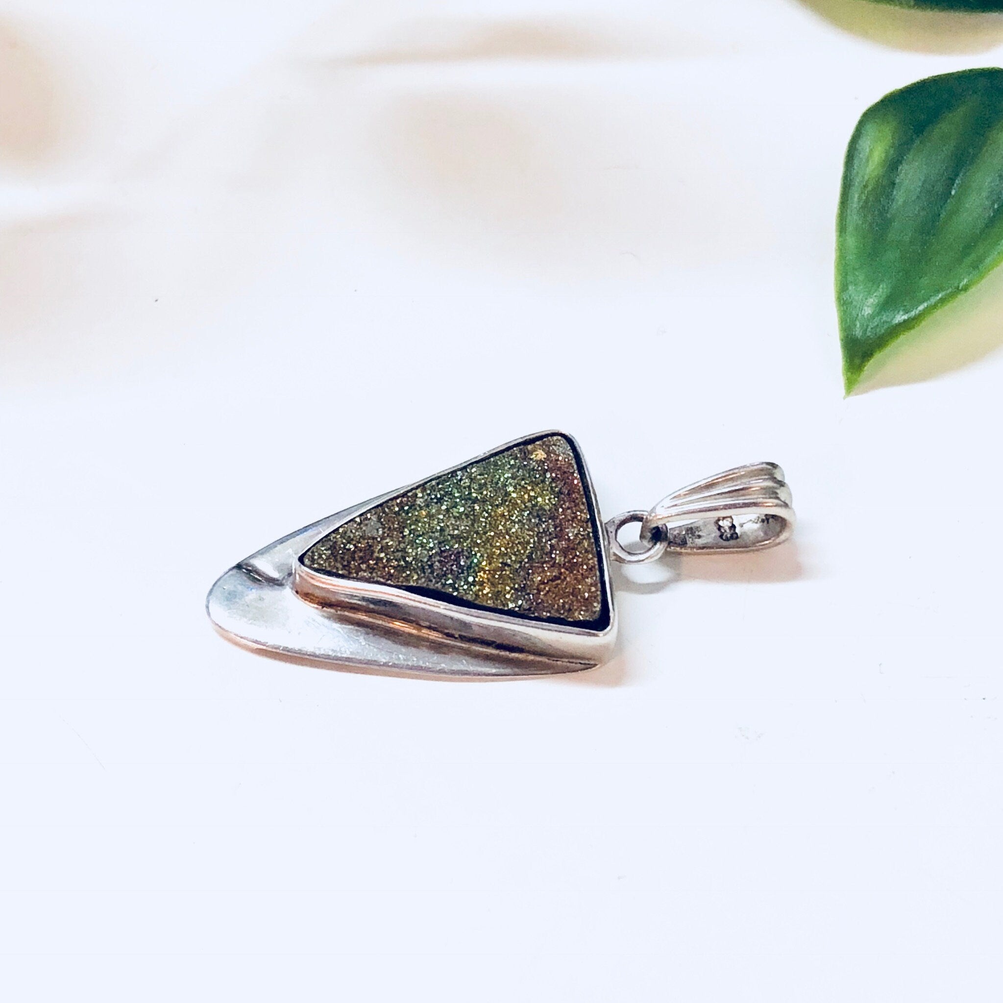 Vintage Pendant, Druzy Quartz, Triangle Pendant, Vintage Necklace, Vintage Jewelry, Sterling Silver, 925, Silver Pendant, Green, Orange Pink