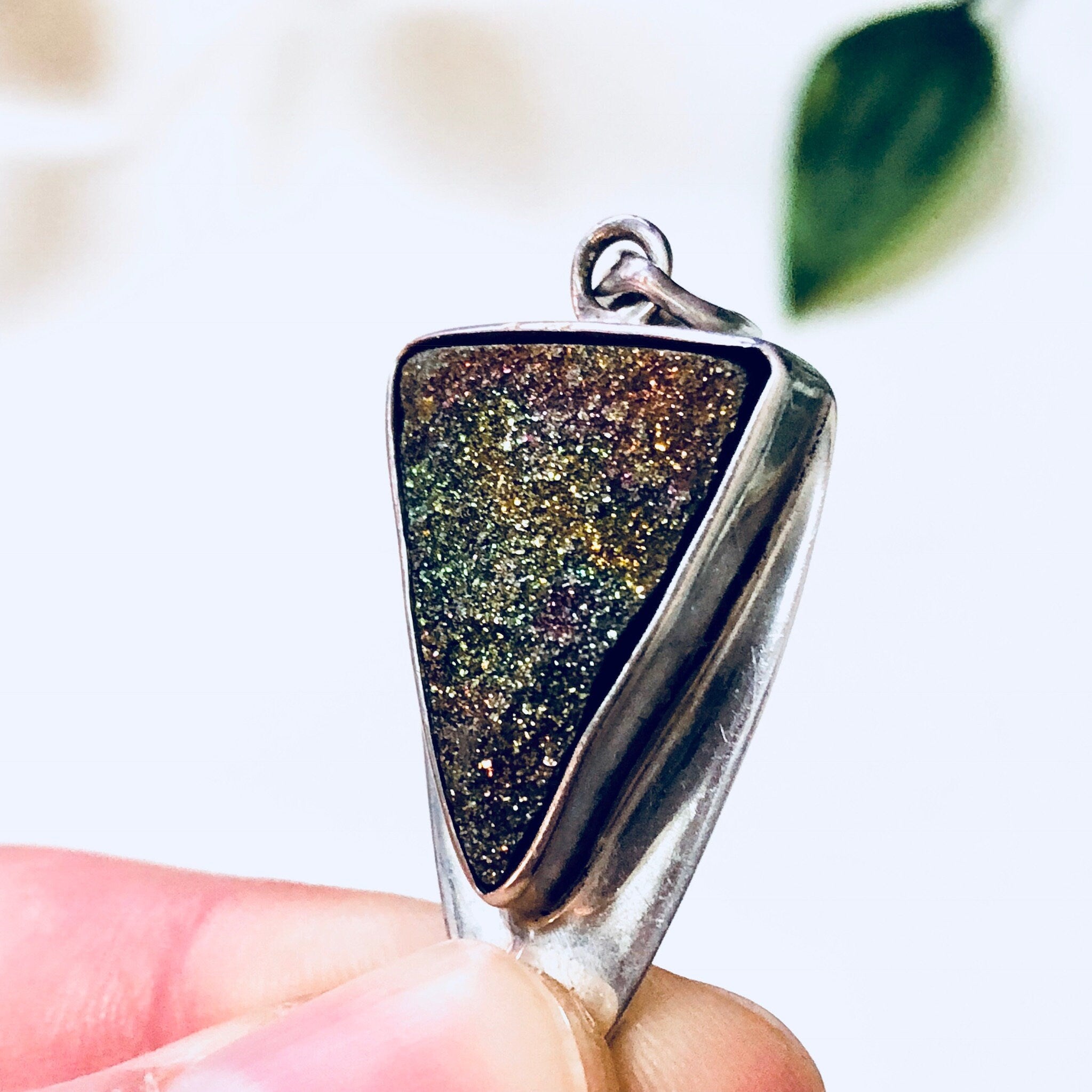 Vintage Pendant, Druzy Quartz, Triangle Pendant, Vintage Necklace, Vintage Jewelry, Sterling Silver, 925, Silver Pendant, Green, Orange Pink