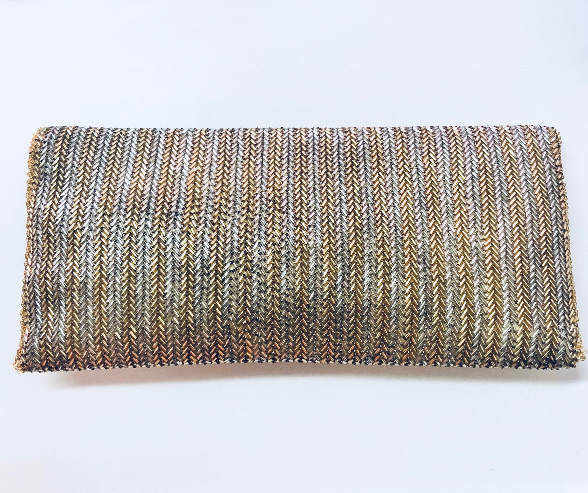 Vintage beaded envelope clutch purse with gold, silver and yellow beads, suitable for formalwear, weddings or special occasions