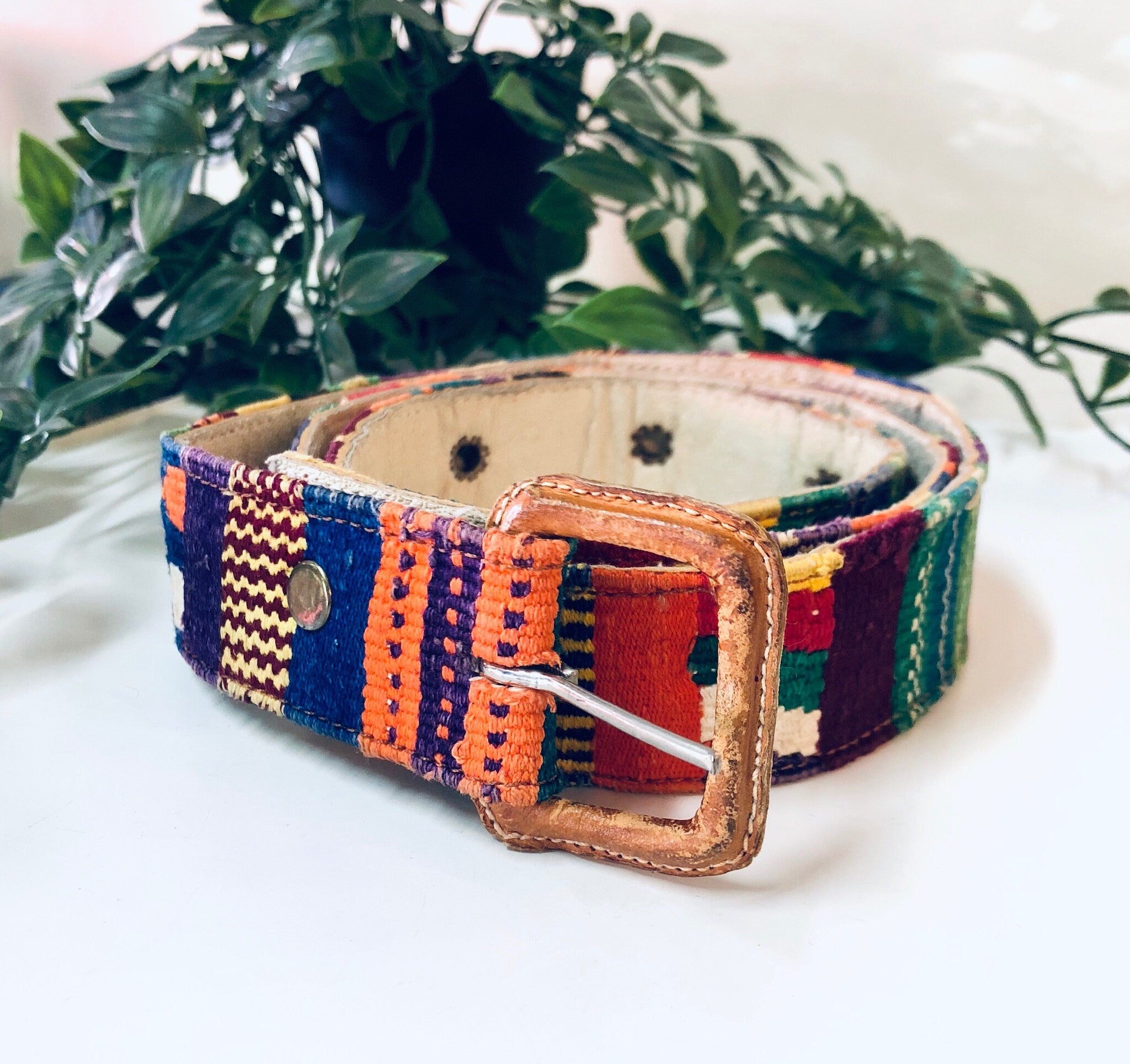Colorful Vintage Belt, Woven Belt, Stitched Belt, Skinny Belt, Geometric Design, Orange, Blue, Green, Yellow, Purple, Pink, Stripes, Blocks