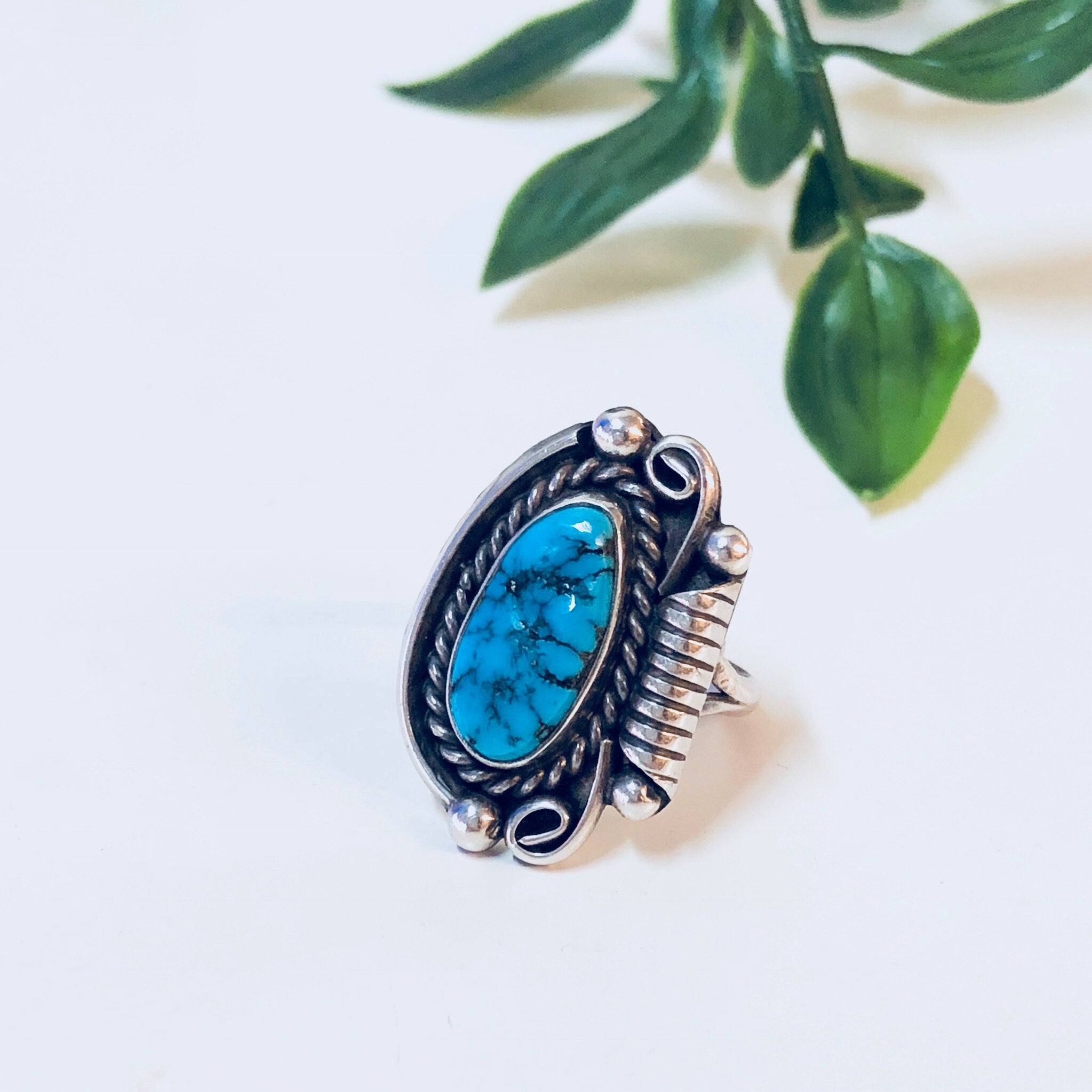 Vintage Southwestern Ring with Turquoise Stone, Sterling Silver Ring, US Size 6 3/4