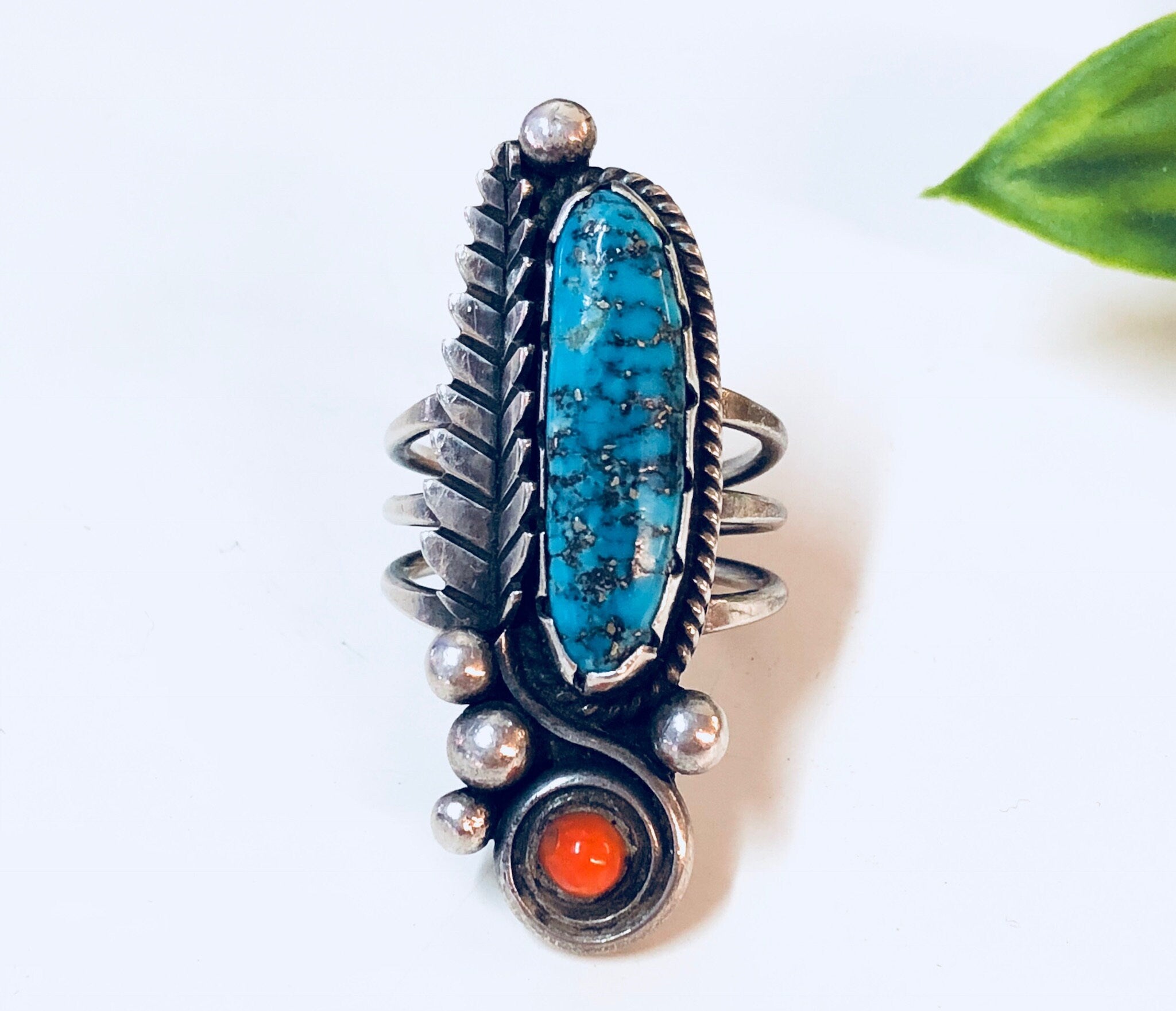 Vintage Southwestern Sterling Silver Statement Ring with Turquoise and Coral Stones