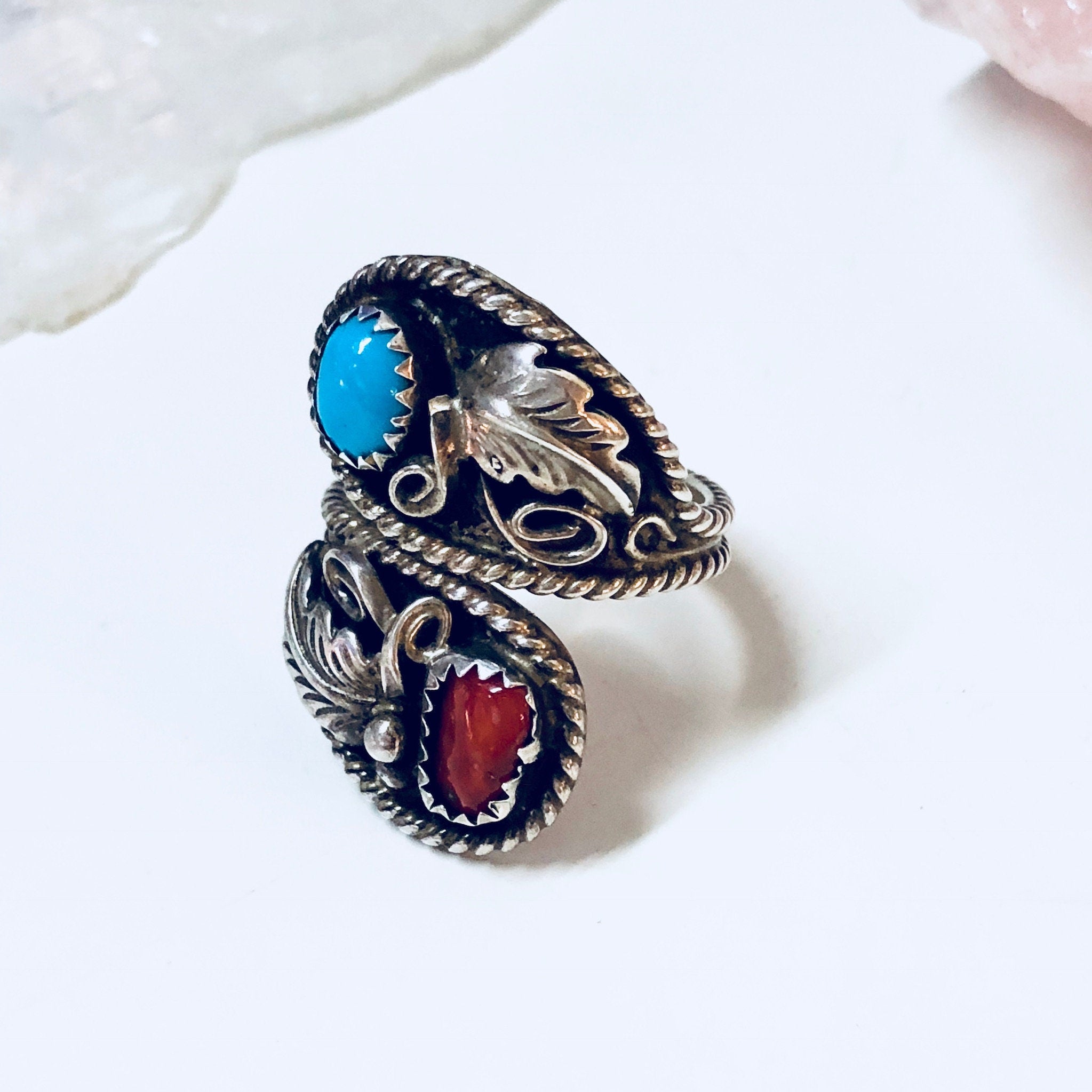 Vintage Southwestern Silver Ring with Turquoise and Coral Stones