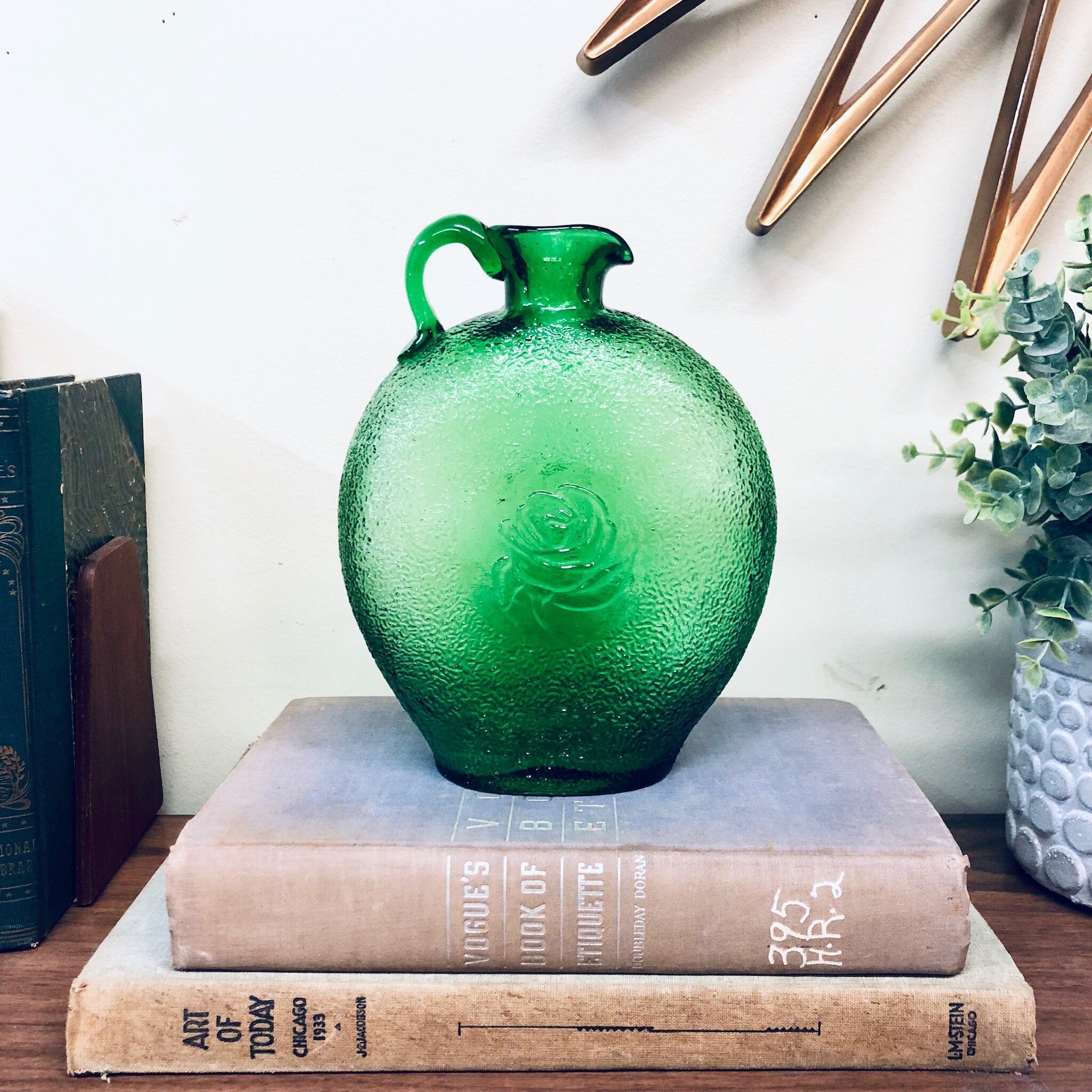 Green Glass Bottle, Textured Glass Vase, Rose Bottle, Flowers, Floral, Roses, Centerpiece, Vintage Home Decor, Bottle For Flowers, Green