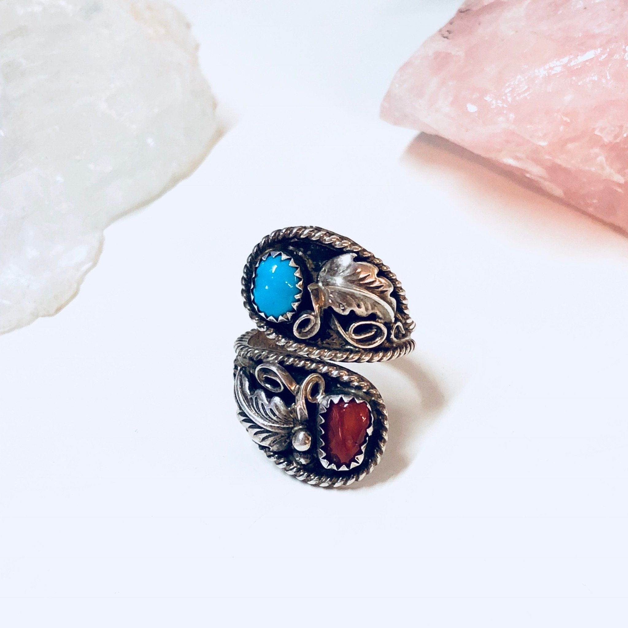 Vintage Southwestern Silver Ring with Turquoise and Coral Stones