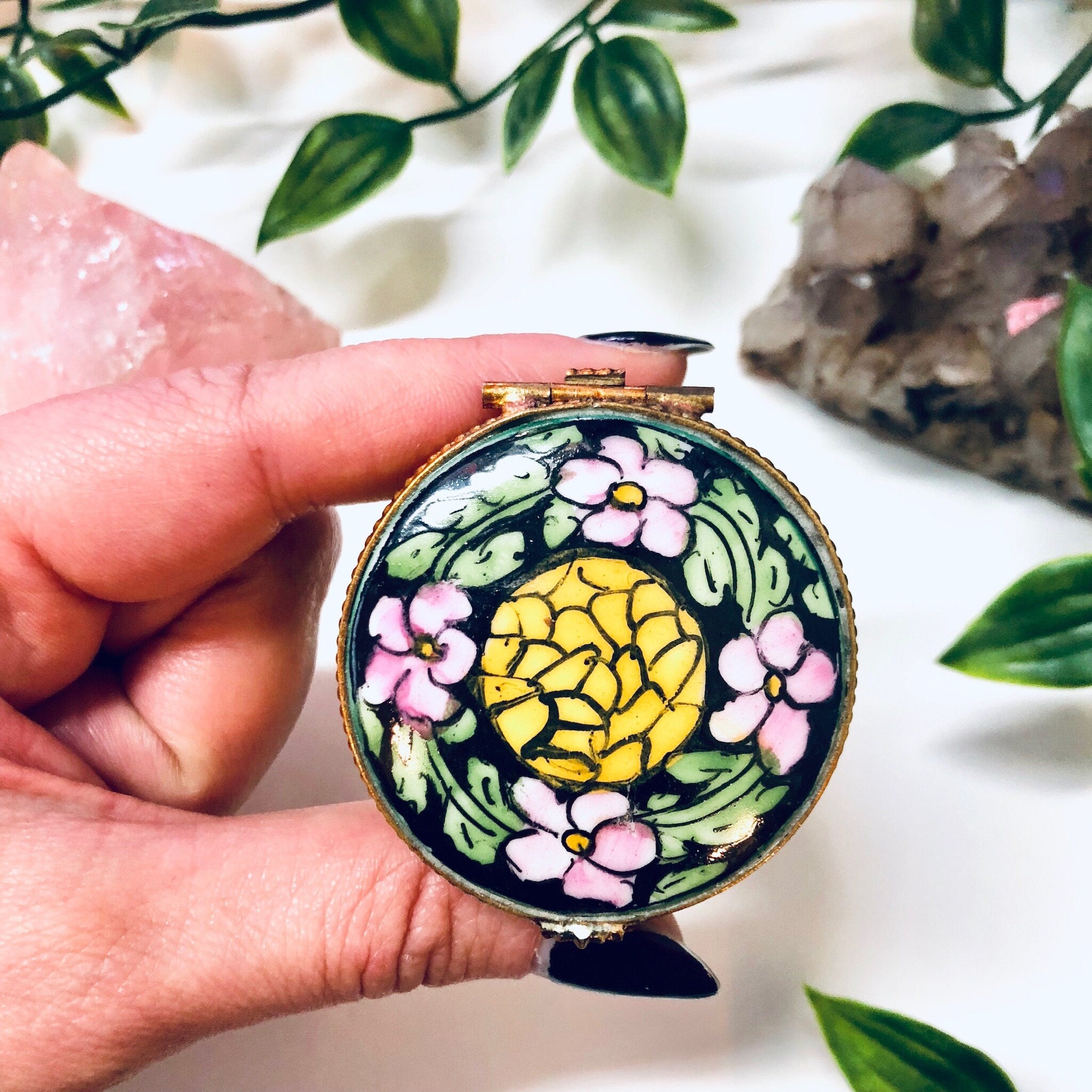 Small Floral Pill Box, Hinged Container, Vintage Pill Box, Floral Box, Pink, Yellow, Green, Black, Ring Box, Ceramic Pill Box, Handmade Gift