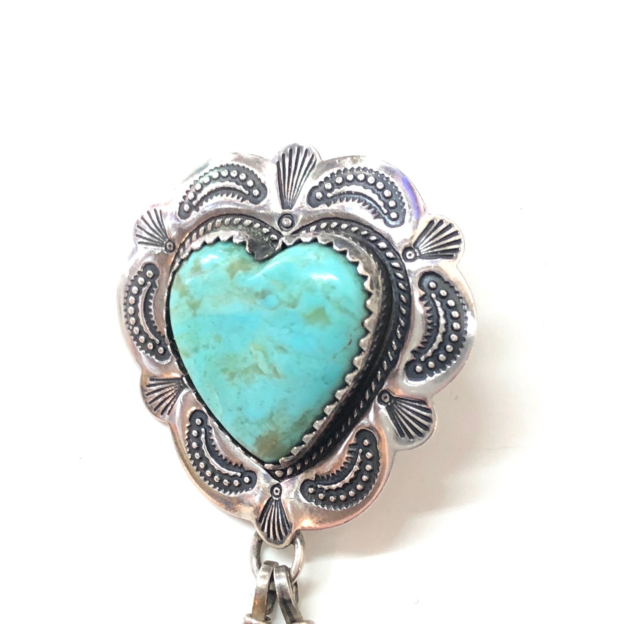 Vintage Sterling Silver Heart and Feather Earrings with Turquoise Stones
