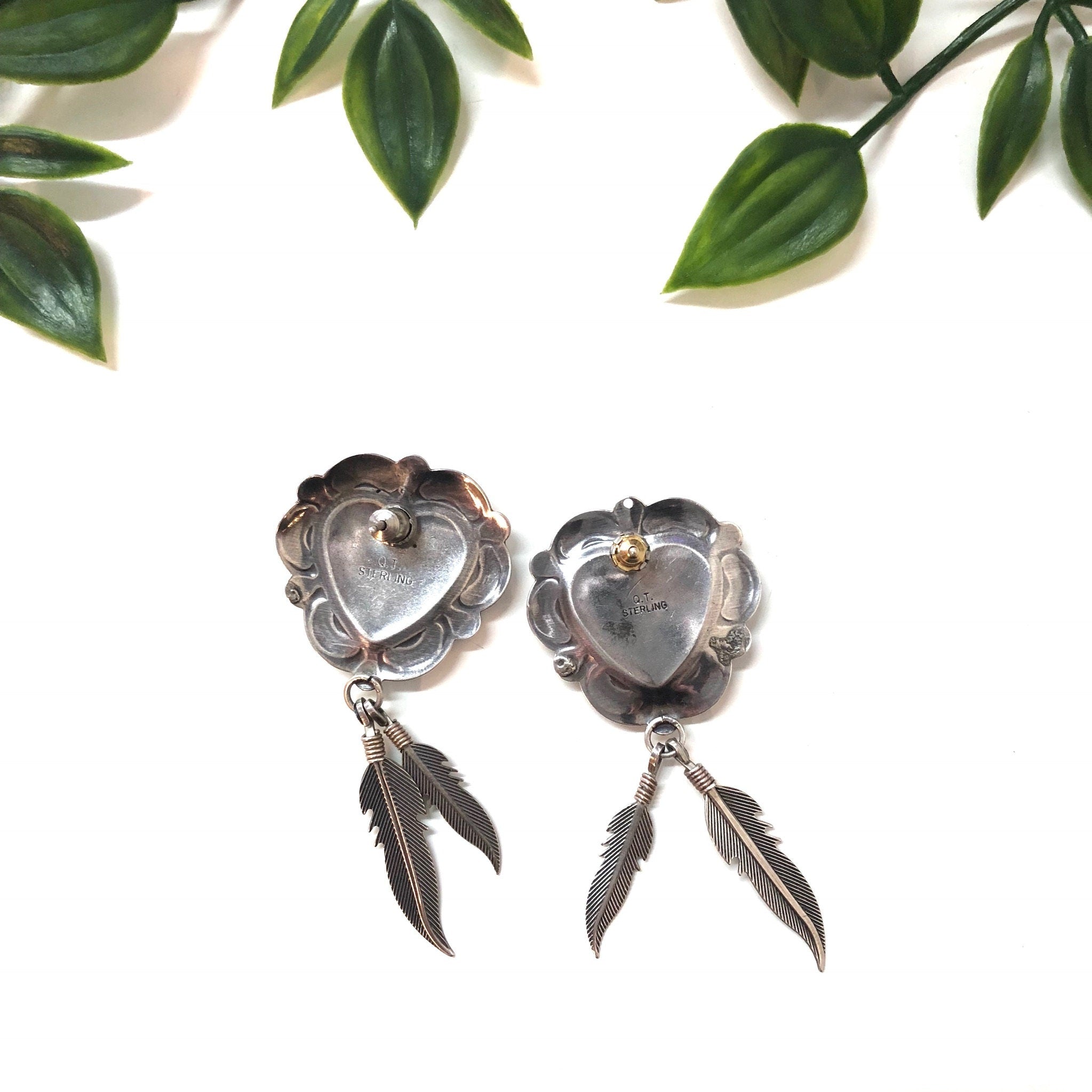 Vintage Sterling Silver Heart and Feather Earrings with Turquoise Stones