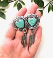 Vintage Sterling Silver Heart and Feather Earrings with Turquoise Stones