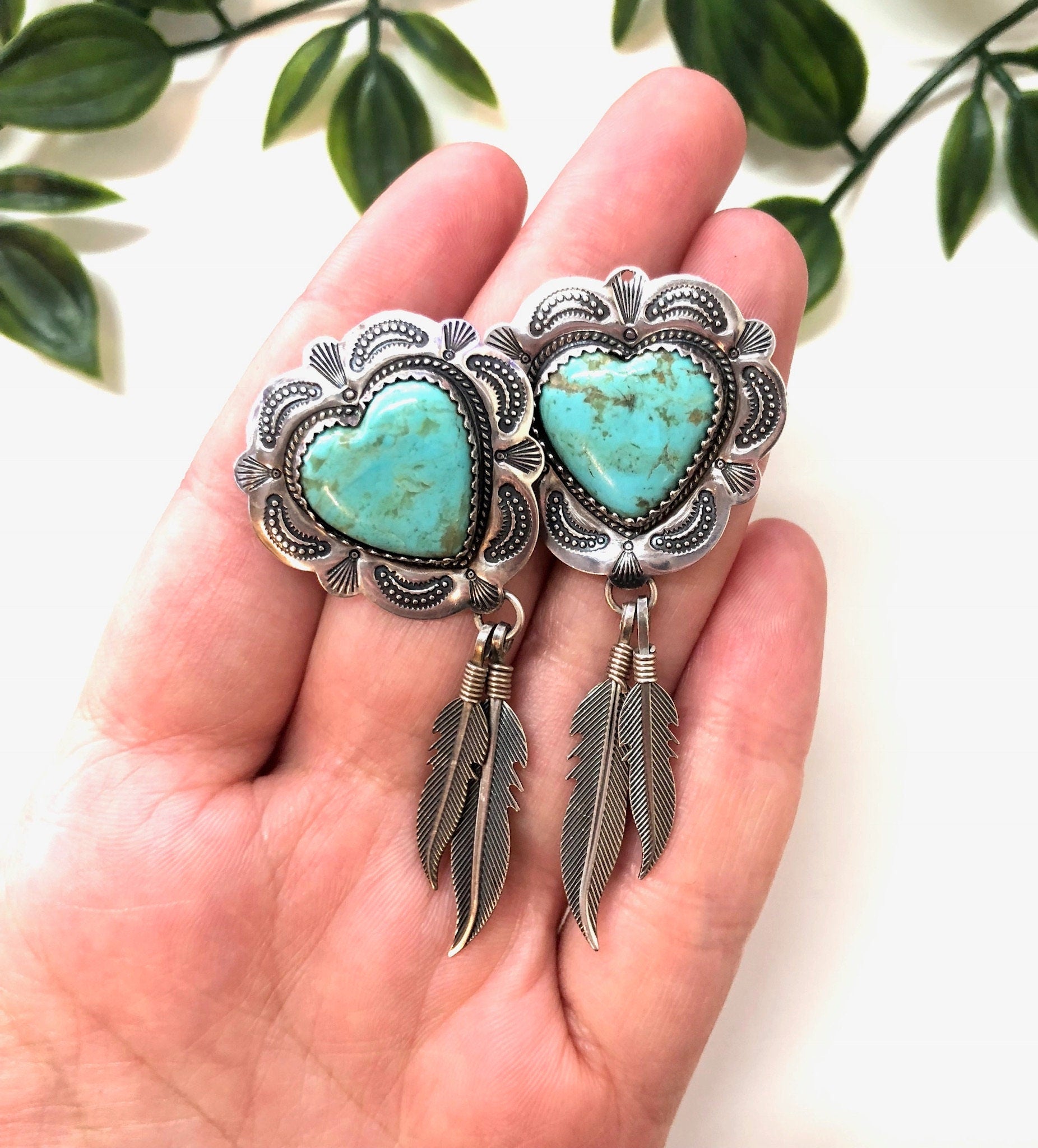 Vintage Sterling Silver Heart and Feather Earrings with Turquoise Stones
