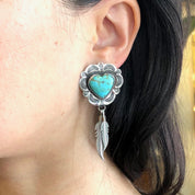 Vintage Sterling Silver Heart and Feather Earrings with Turquoise Stones