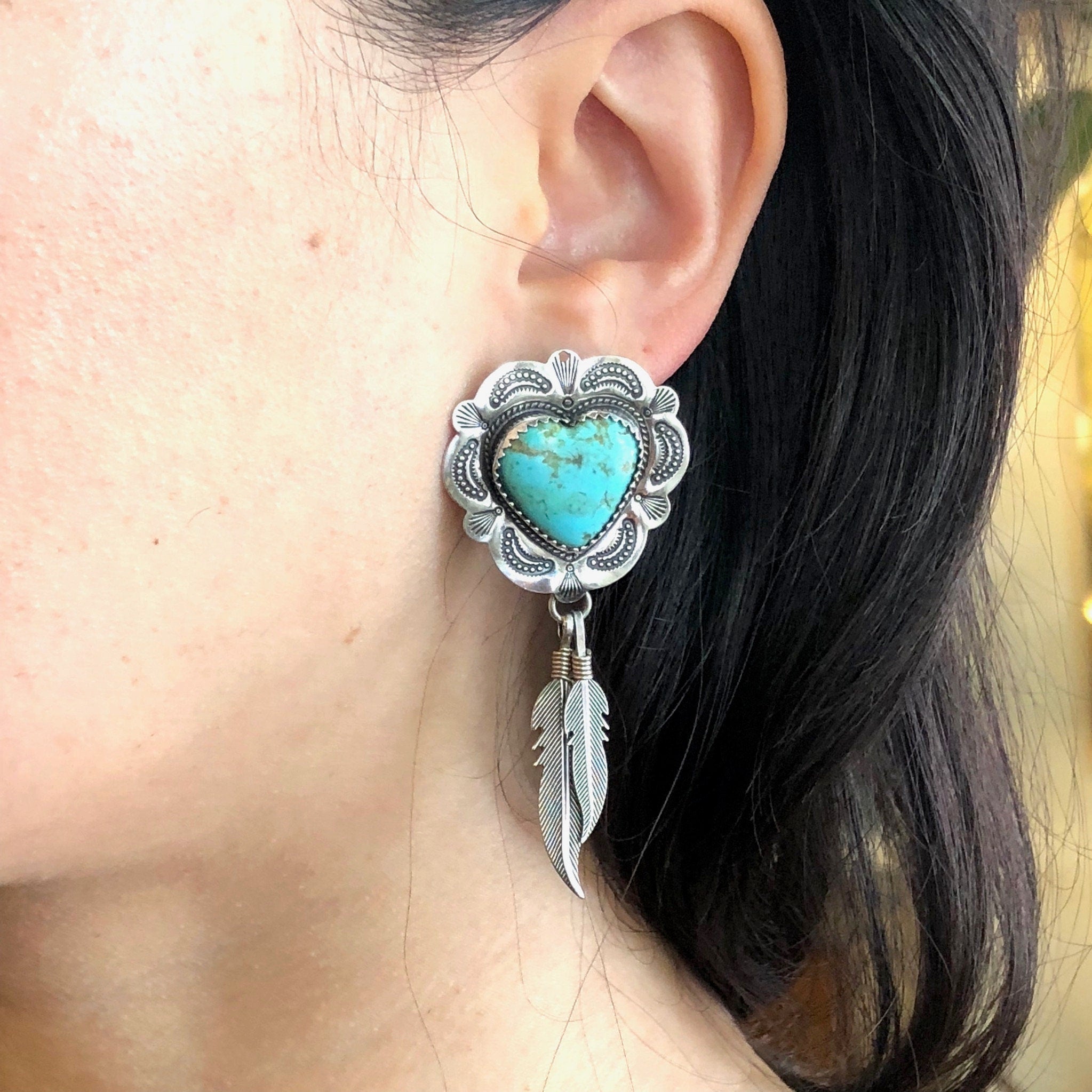 Vintage Sterling Silver Heart and Feather Earrings with Turquoise Stones