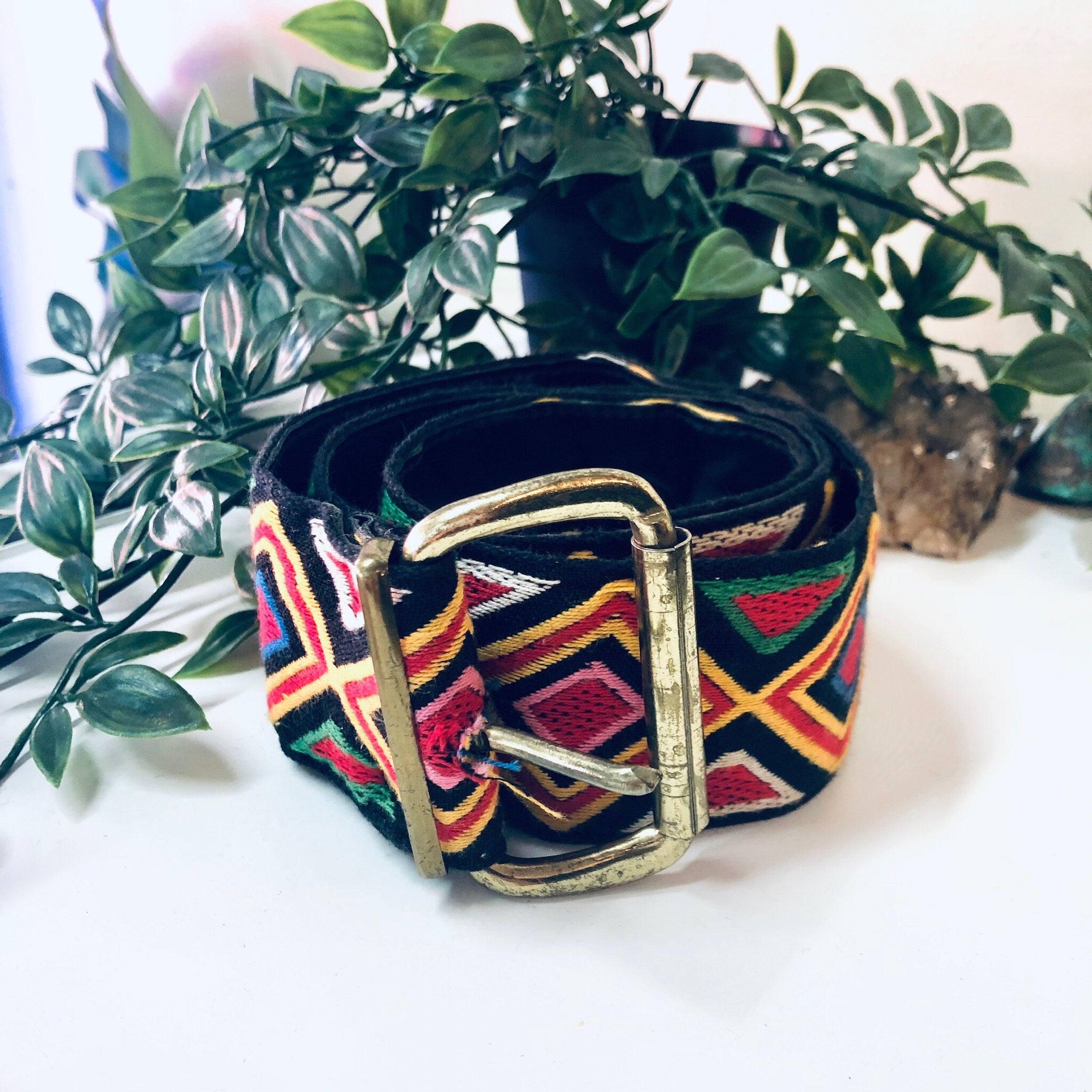 Vintage Belt, Woven Belt, Vintage Accessories, Geometric Design Belt, Colorful, Thick Belt, Wide Belt, Yellow, Black, Red, Green, Blue White