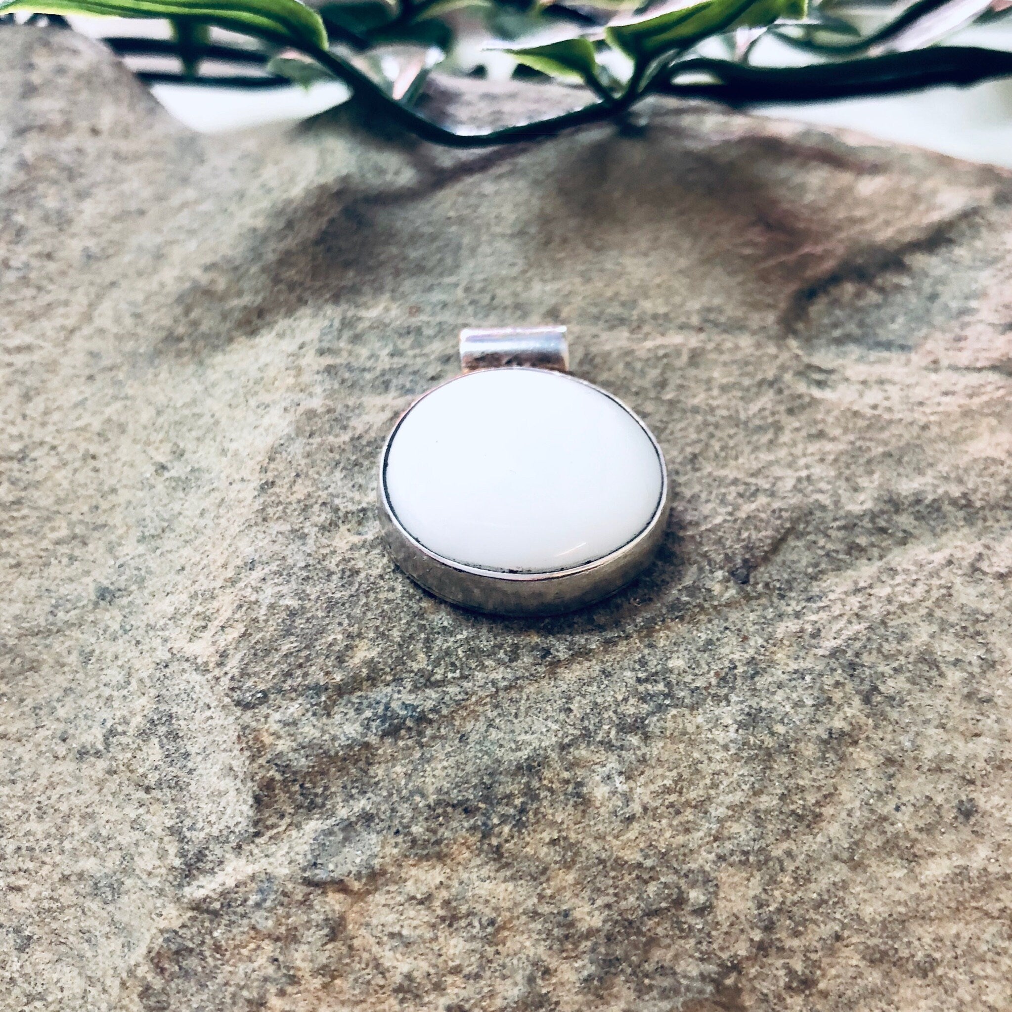 Vintage Silver Pendant with White Stone, Milky White Stone, Made in Mexico, Silver and White, Circular Pendant, Boho Style, Pendant Necklace