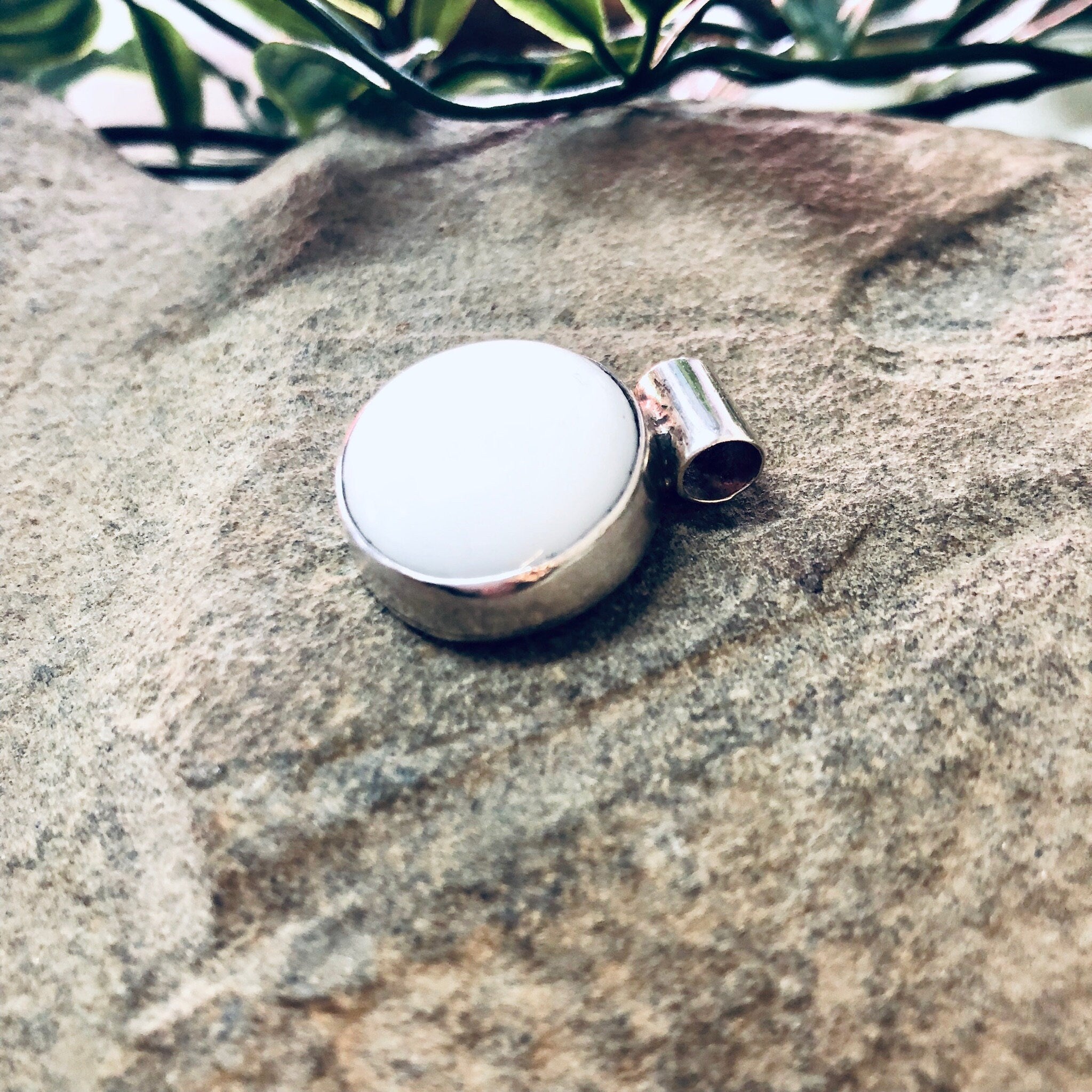Vintage Silver Pendant with White Stone, Milky White Stone, Made in Mexico, Silver and White, Circular Pendant, Boho Style, Pendant Necklace