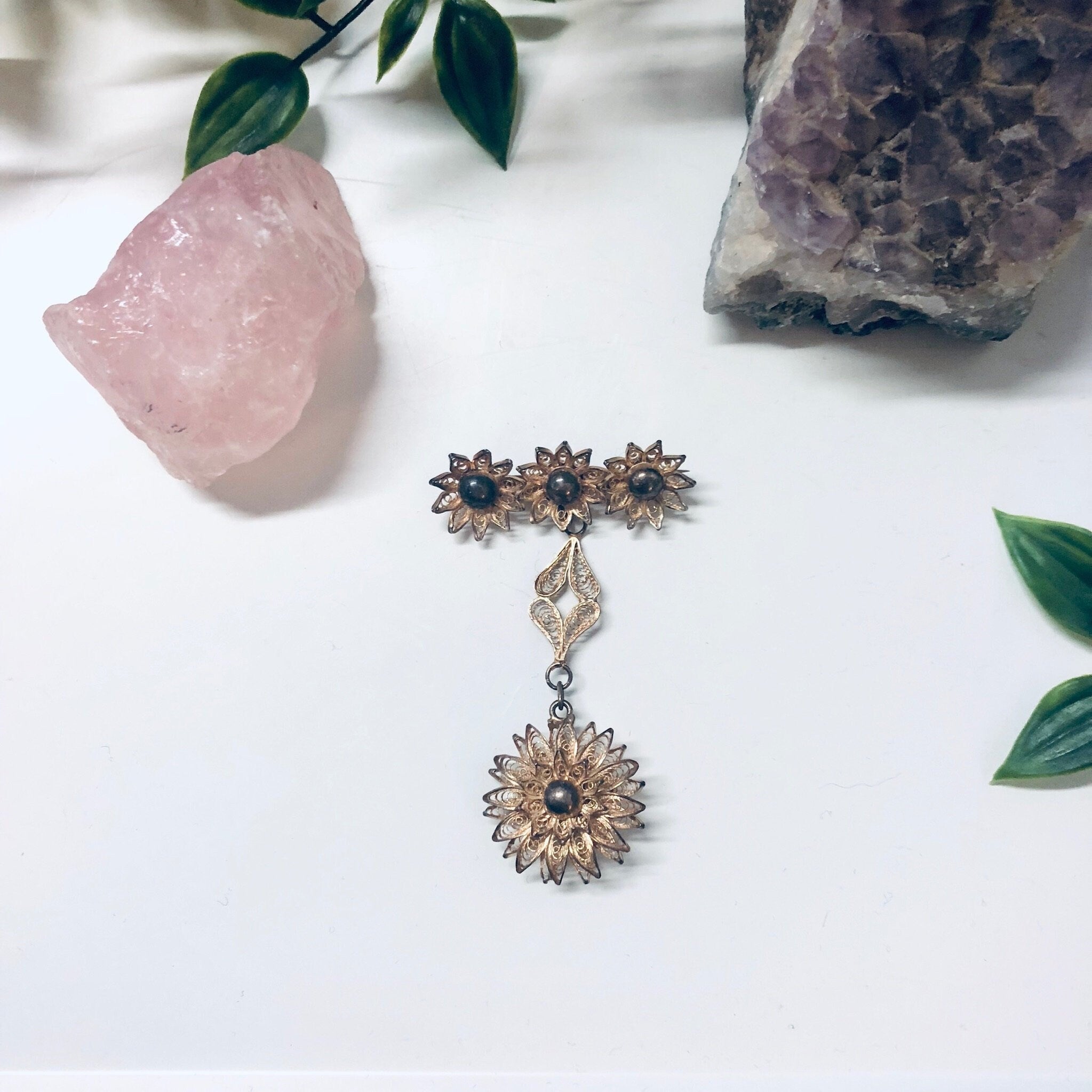 Vintage Floral Brooch, Silver Pin, Dangling Brooch, Flower Jewelry, Vintage Pin, Sterling Silver Pin, Brooch for Mom