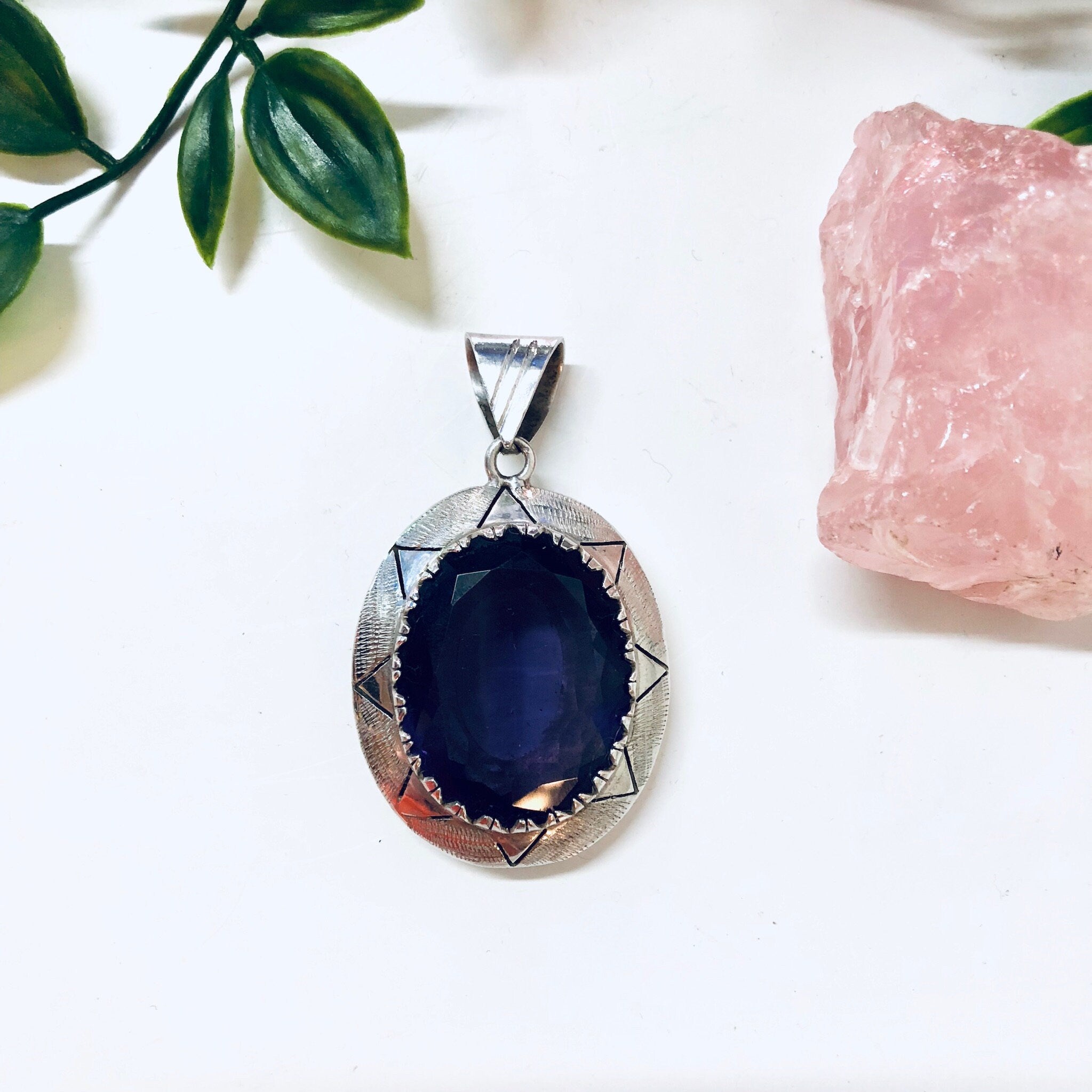 Vintage Silver Pendant, Large Pendant Necklace, Purple Gemstone Pendant