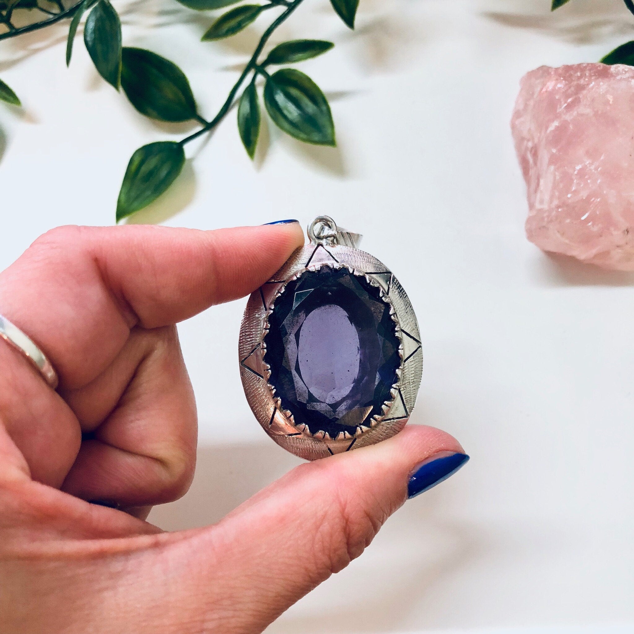 Vintage Silver Pendant, Large Pendant Necklace, Purple Gemstone Pendant