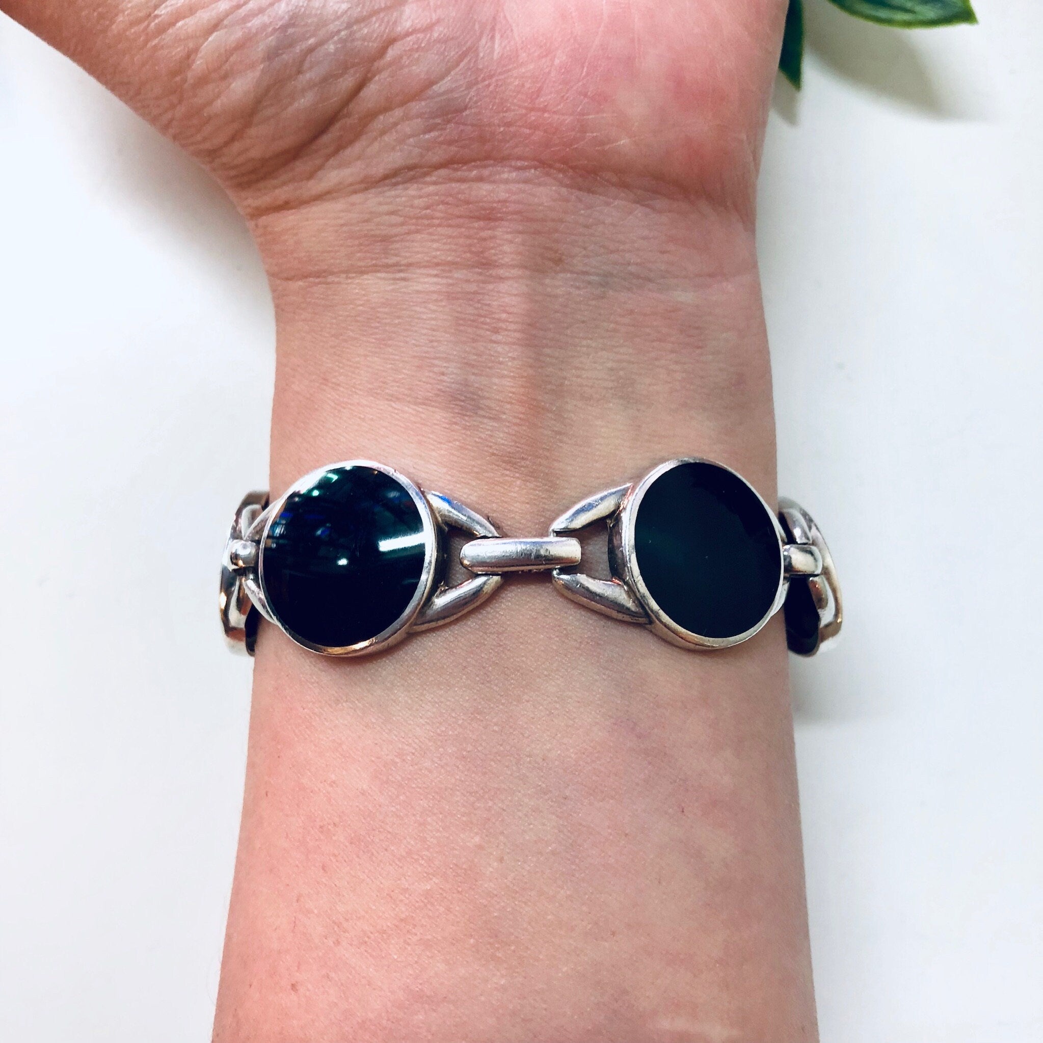 Vintage Silver Bracelet, Silver and Black Bracelet, Round Link Bracelet