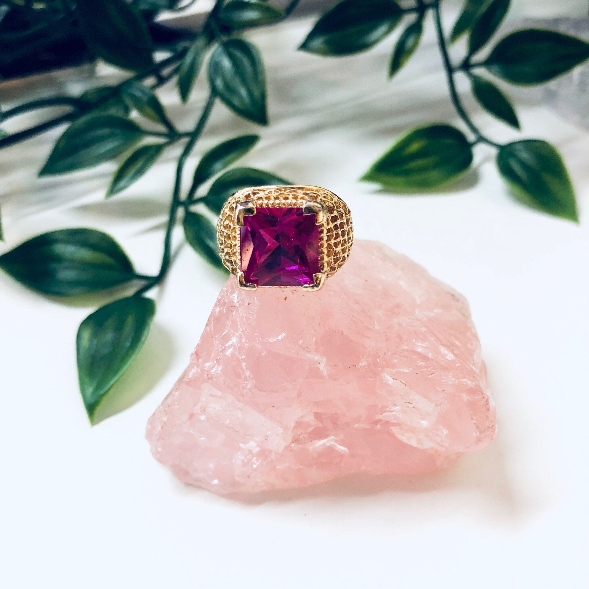 Vintage Gold Toned Ring with Pink Stone, Costume Jewelry, Cocktail Ring, Statement Jewelry
