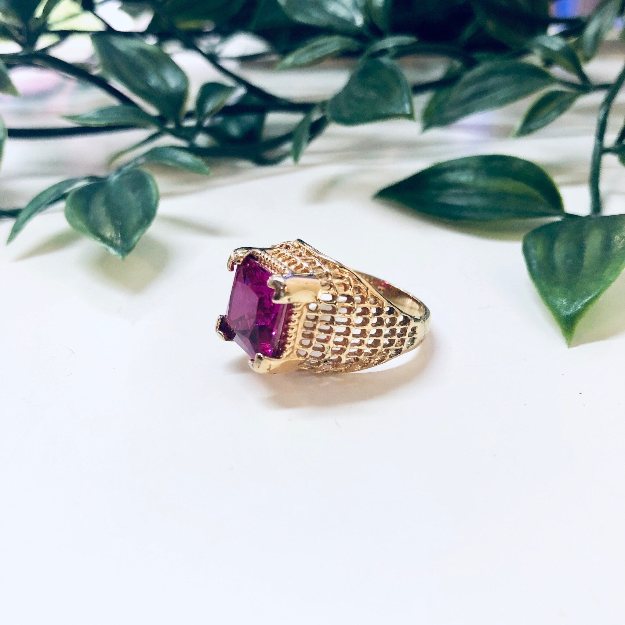 Vintage Gold Toned Ring with Pink Stone, Costume Jewelry, Cocktail Ring, Statement Jewelry