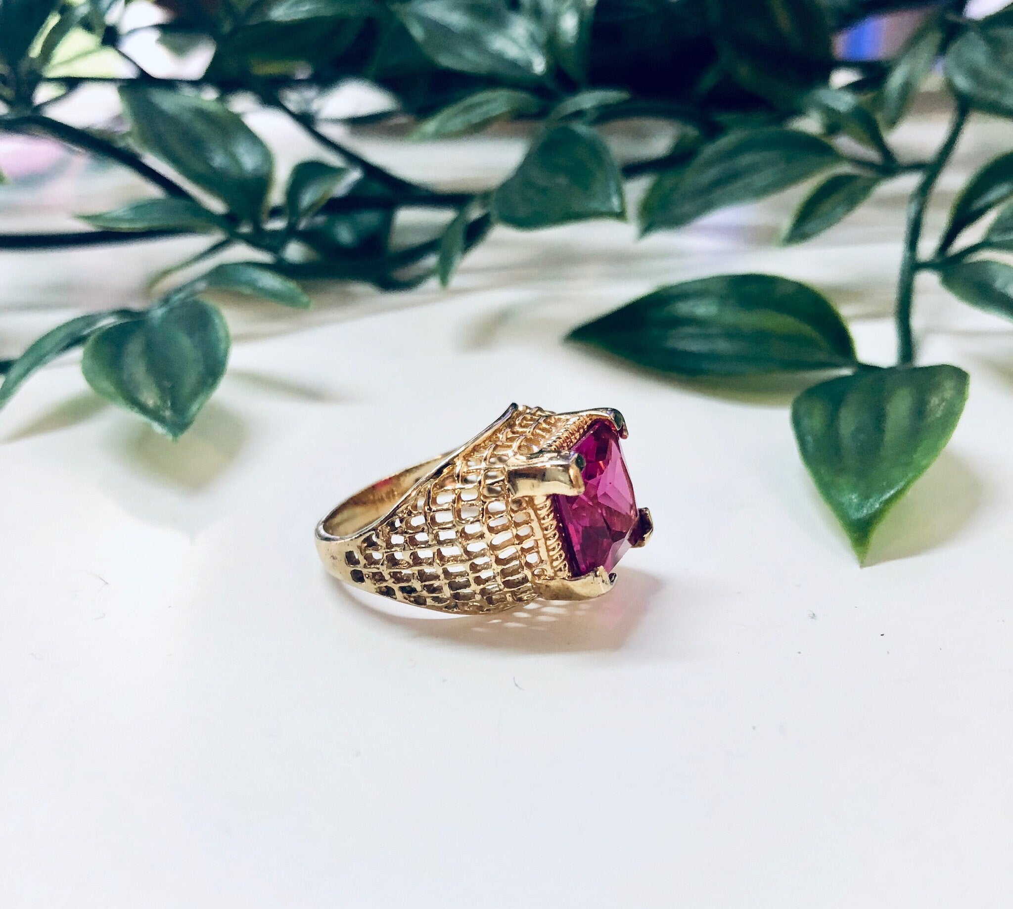 Vintage Gold Toned Ring with Pink Stone, Costume Jewelry, Cocktail Ring, Statement Jewelry