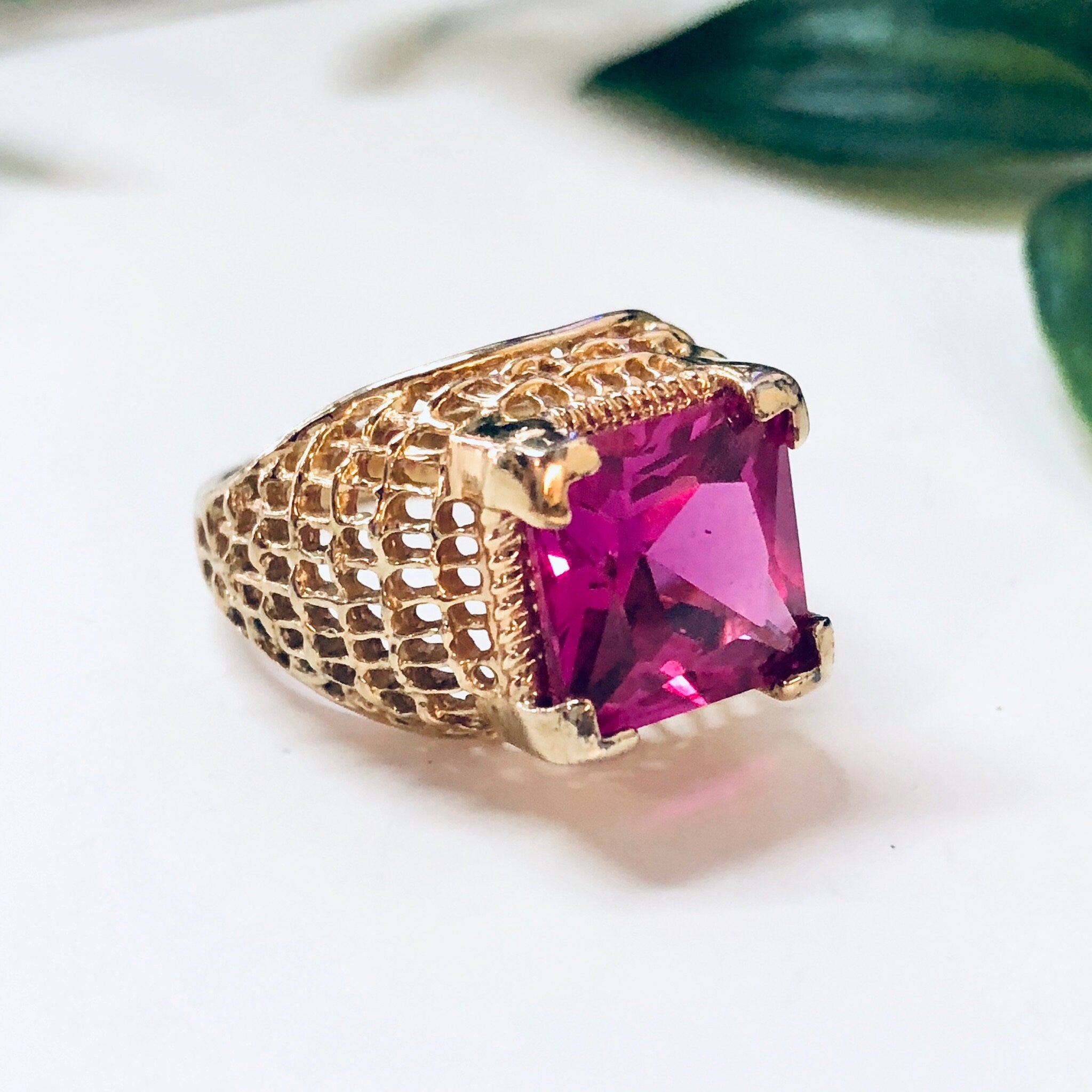 Vintage Gold Toned Ring with Pink Stone, Costume Jewelry, Cocktail Ring, Statement Jewelry