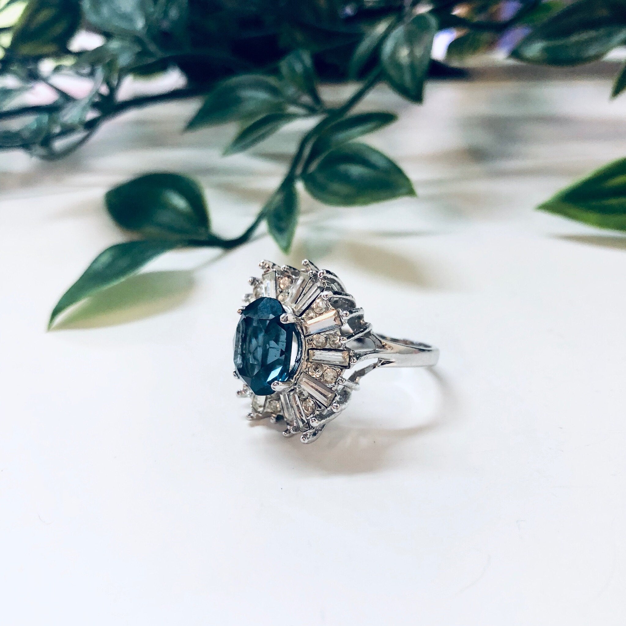 Vintage Art Deco Style Ring, Cocktail Ring, Art Deco Jewelry, Statement Jewelry, Blue Stone