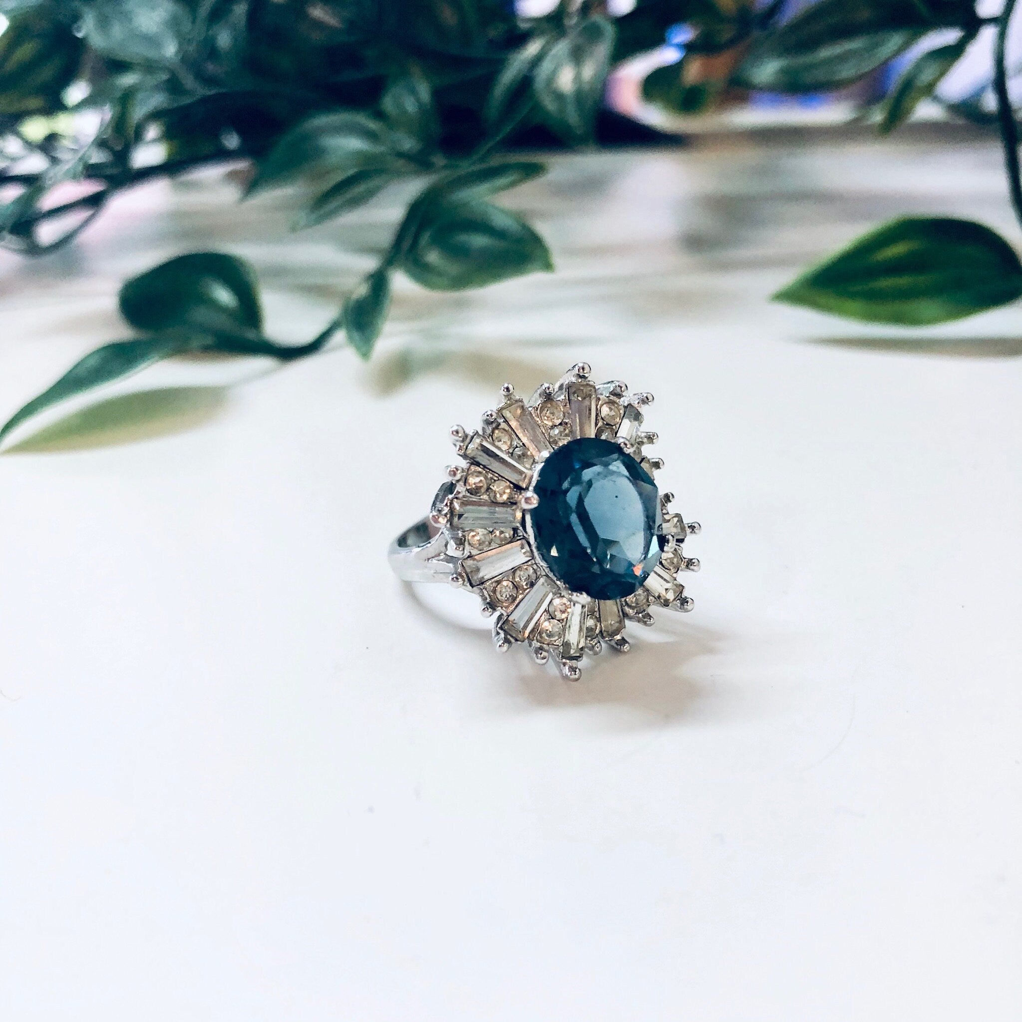Vintage Art Deco Style Ring, Cocktail Ring, Art Deco Jewelry, Statement Jewelry, Blue Stone
