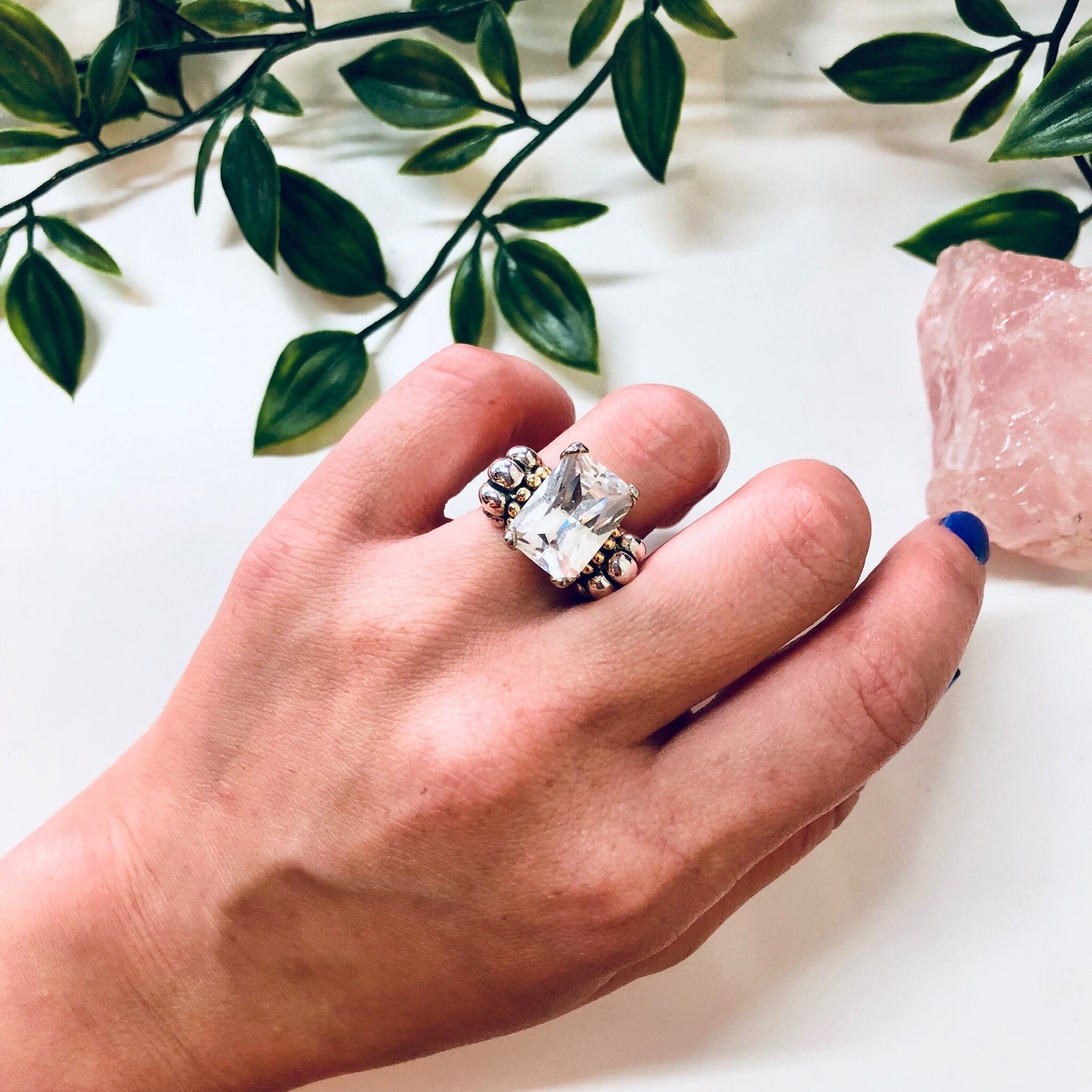 Vintage Silver Engagement Ring, Statement Ring, Faux Diamond Ring