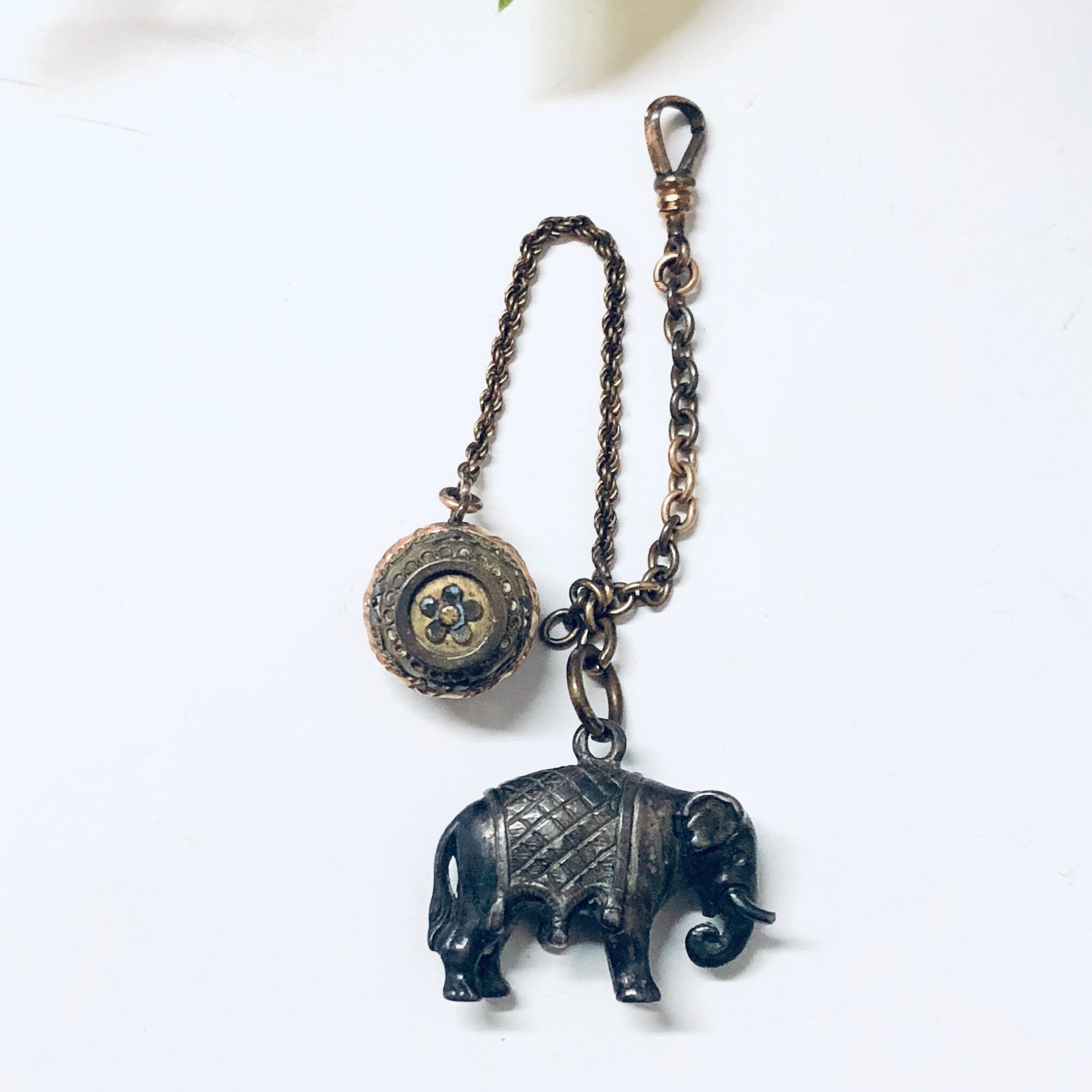 Vintage Watch Fob, Watch Accessories, Elephant, Sterling Silver, Elephant and Ball Fob, Fob Chain, Watch Chain, Engraved Watch Chain
