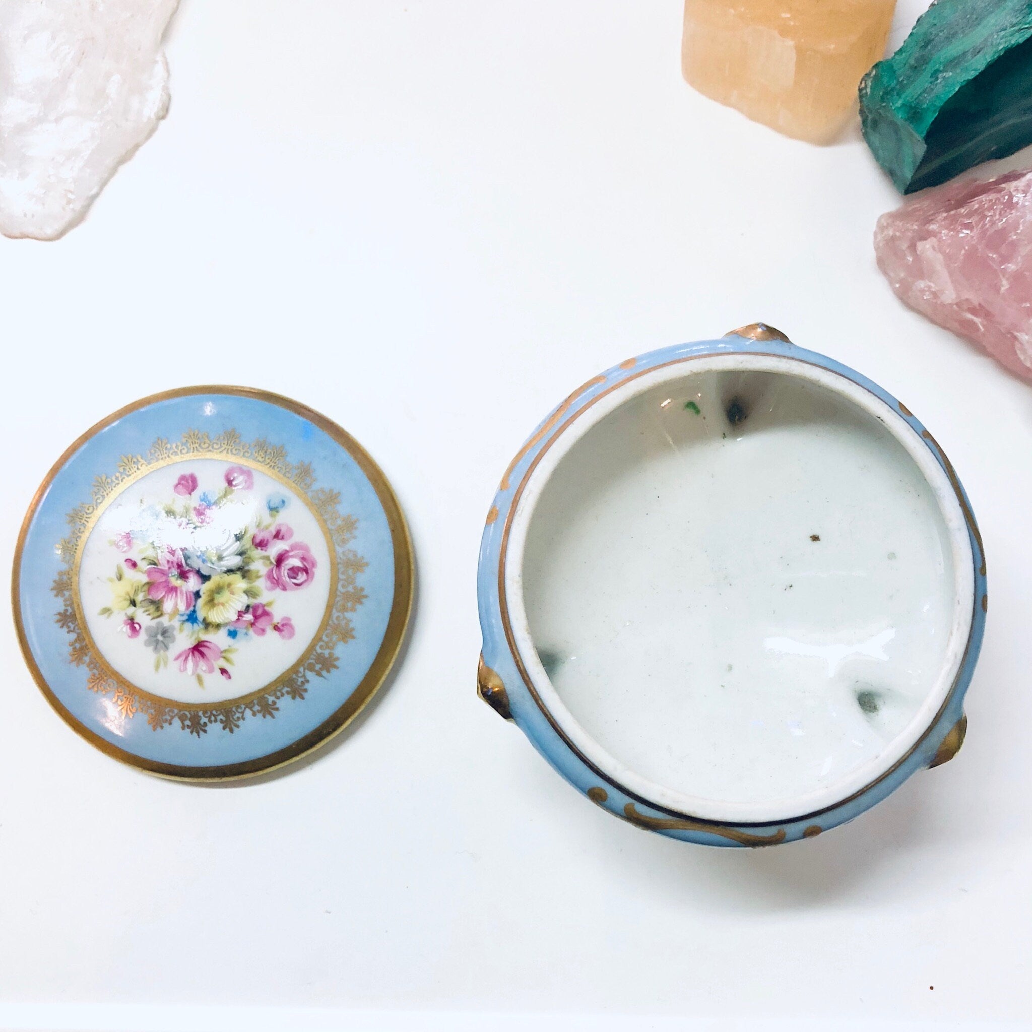 Vintage Limoges Lidded Dish with Tripod Stand, Three Legged Trinket Dish, Candy Dish, Small Lidded Dish, Limoges China, Light Blue, Floral